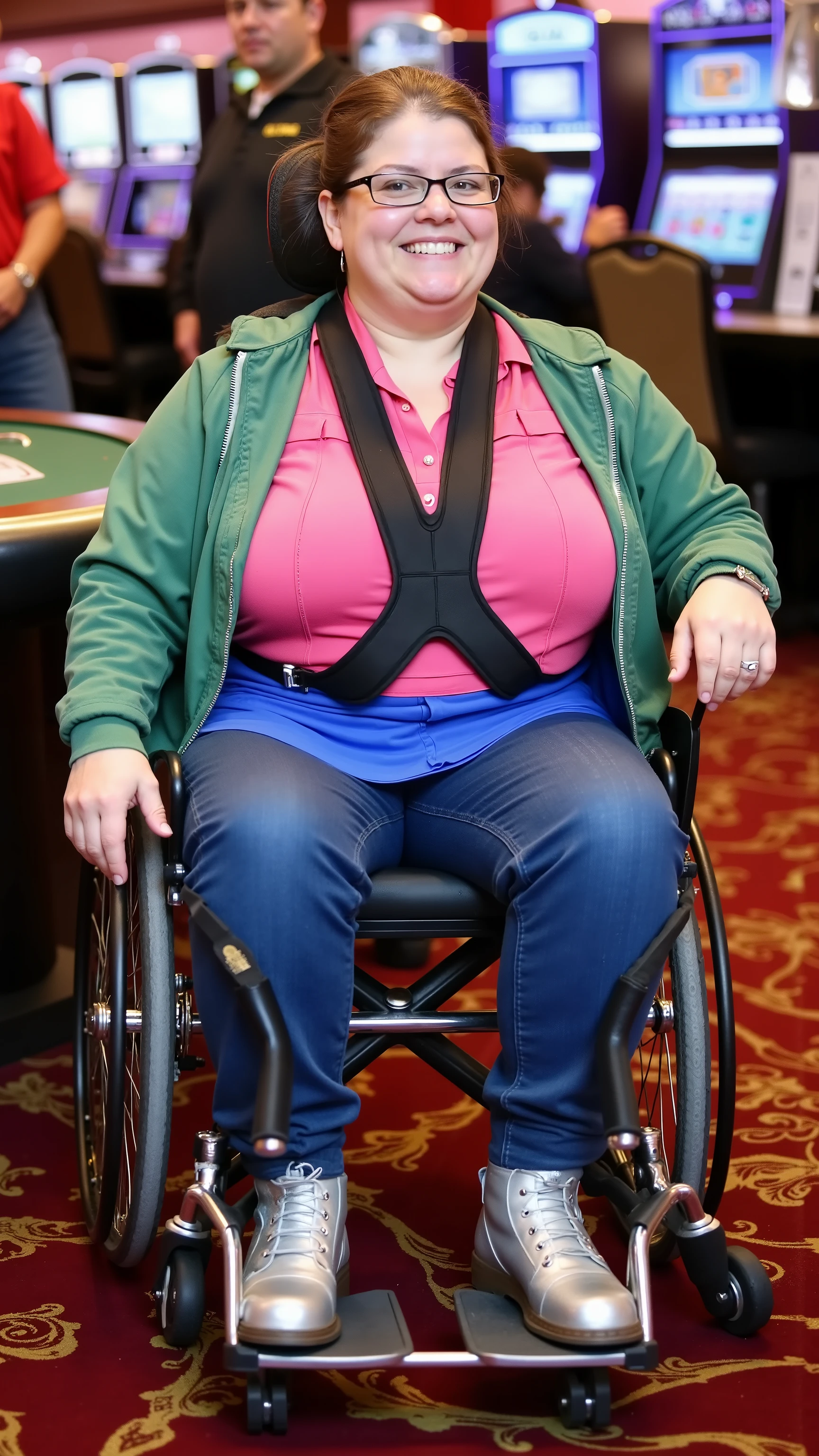 A 54 year old 500 pound woman with thick arms a cute large face and big belly, wears a pink thick neoprene padded wheelchair harness, with black nylon straps, wearing a blue wheelchair hip belt, wearing a green rubber latex jacket, wearing a pink latex shirt, wearing blue latex jeans with yellow pockets, wearing silver boots, in a casino by a blackjack table