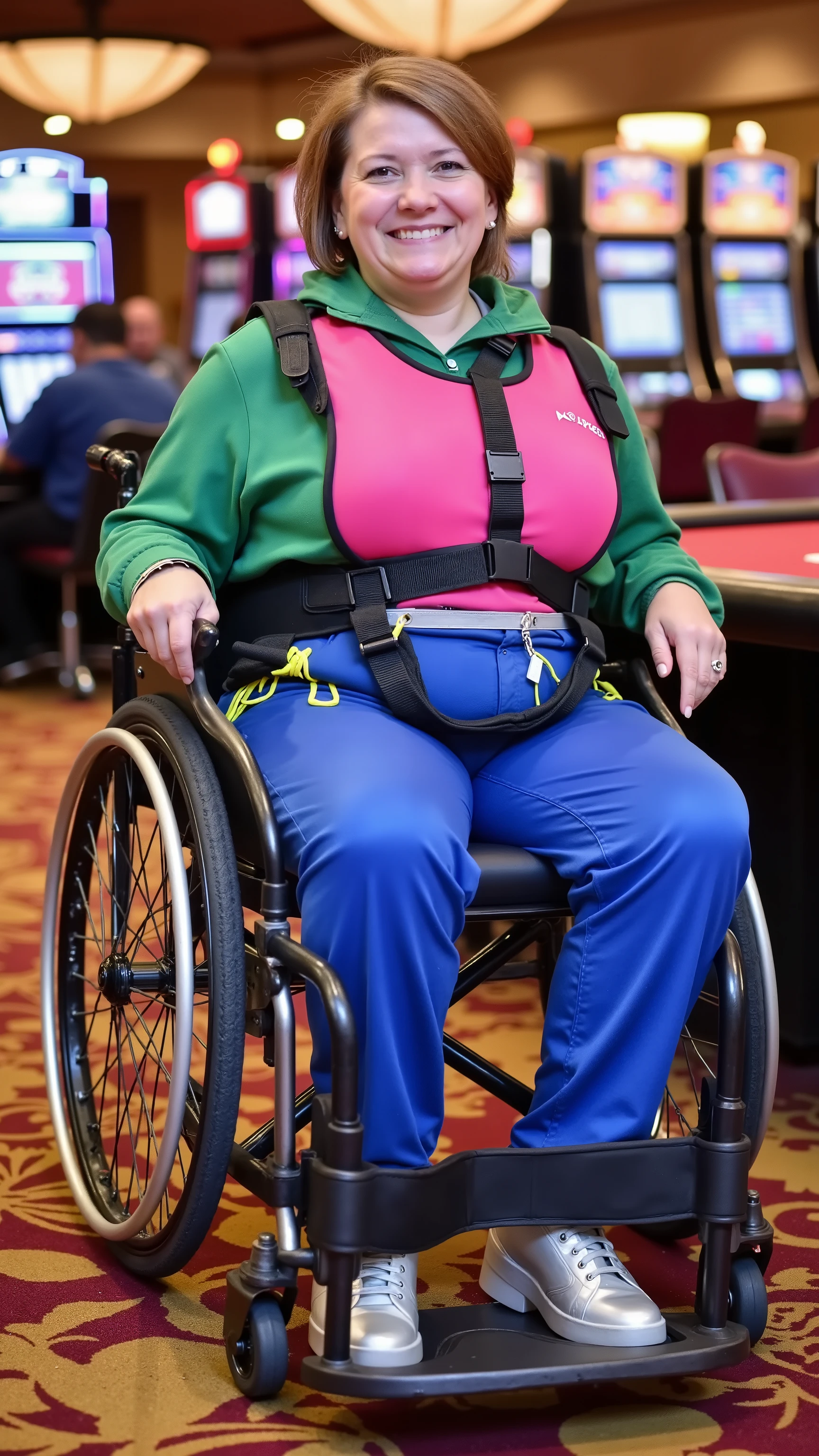 A 54 year old 500 pound woman with thick arms a cute large face and big belly, wears a pink thick neoprene padded wheelchair harness, with black nylon straps, wearing a blue wheelchair hip belt, wearing a green rubber latex jacket, wearing a pink latex shirt, wearing blue latex jeans with yellow pockets, wearing silver boots, in a casino by a blackjack table
