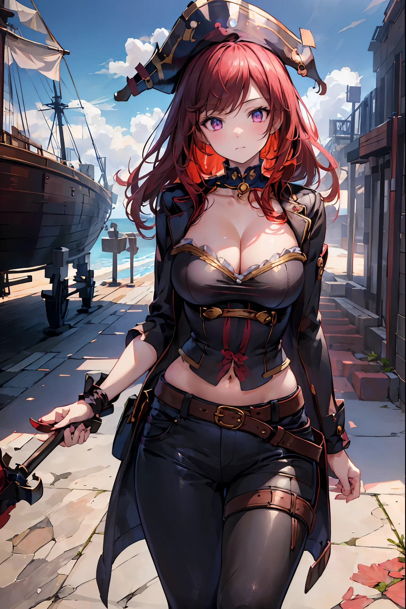 Brilliant Colors,beautiful eyes,A delicate smile,Textured Skin,masterpiece,Kilo,Highest Quality,gentle and beautiful woman,The Enchanted Pirate,A powerful pirate ship,A magnificent ship's hull,A rolling ocean,A vibrant scarlet flag,A pirate captain full of adventurous spirit,night，St. Elmo's Fire，meteor、空から降り注ぐmeteor、無数のmeteor群，The Ship Wrapped in the Hand of Fire，A gaze with thick eyelashes,A look like a noble thief,The captain's solemn posture,Extreme detail,Realistic,professional,Incredibly detailed,masterpiece,4K,High Quality,ultimate reality,Dramatic Lighting,dynamic composition,Overwhelming Realism,Dark tones and highly saturated accents,A lively marine painting