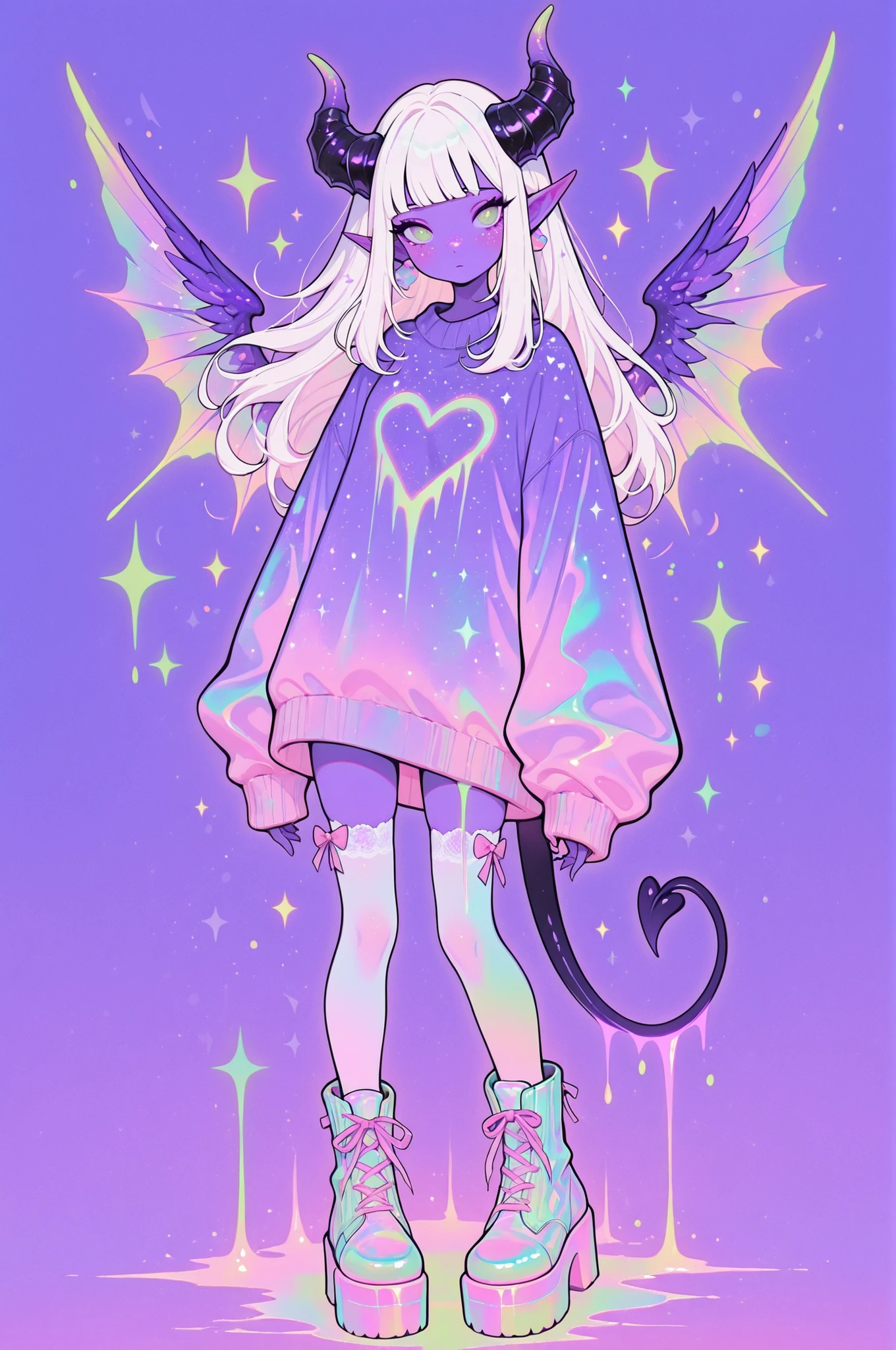 cElesTiana,neon dreamcore,iridescent glow,holographic,pastel void,luminescent skin,celestial tones,smooth reflective surface,glowing eyes,shimmercore,1girl, ((purple skin)), (purple iris), (green pupils), ((Freckles)), (long hair), (white hair), (straight bangs), (Pointed ears), (demon tail), ((Freckles all over the body)), demon horns, demon wings, Oversized sweater dress with long sleeves that extend past the hands. Made of soft, luminous fabric in a rich emerald green color. Loose, relaxed fit with a cozy, draped silhouette, white lace thigh highs, bows, platform boots, fully clothed, hearts, 

smooth quality, cutecore, kawaii, pastel colors, luminous colors, soft glow,