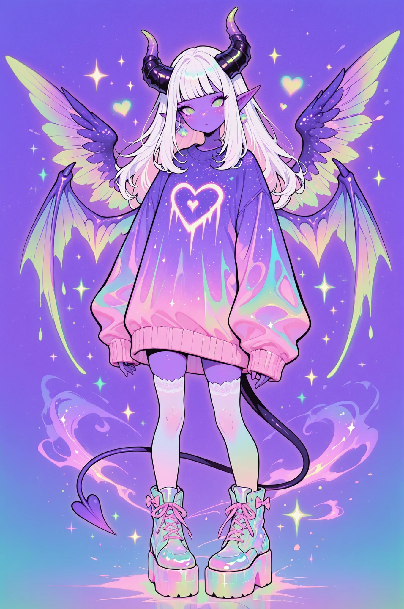 cElesTiana,neon dreamcore,iridescent glow,holographic,pastel void,luminescent skin,celestial tones,smooth reflective surface,glowing eyes,shimmercore,1girl, ((purple skin)), (purple iris), (green pupils), ((Freckles)), (long hair), (white hair), (straight bangs), (Pointed ears), (demon tail), ((Freckles all over the body)), demon horns, demon wings, Oversized sweater dress with long sleeves that extend past the hands. Made of soft, luminous fabric in a rich emerald green color. Loose, relaxed fit with a cozy, draped silhouette, white lace thigh highs, bows, platform boots, fully clothed, hearts, 

smooth quality, cutecore, kawaii, pastel colors, luminous colors, soft glow,