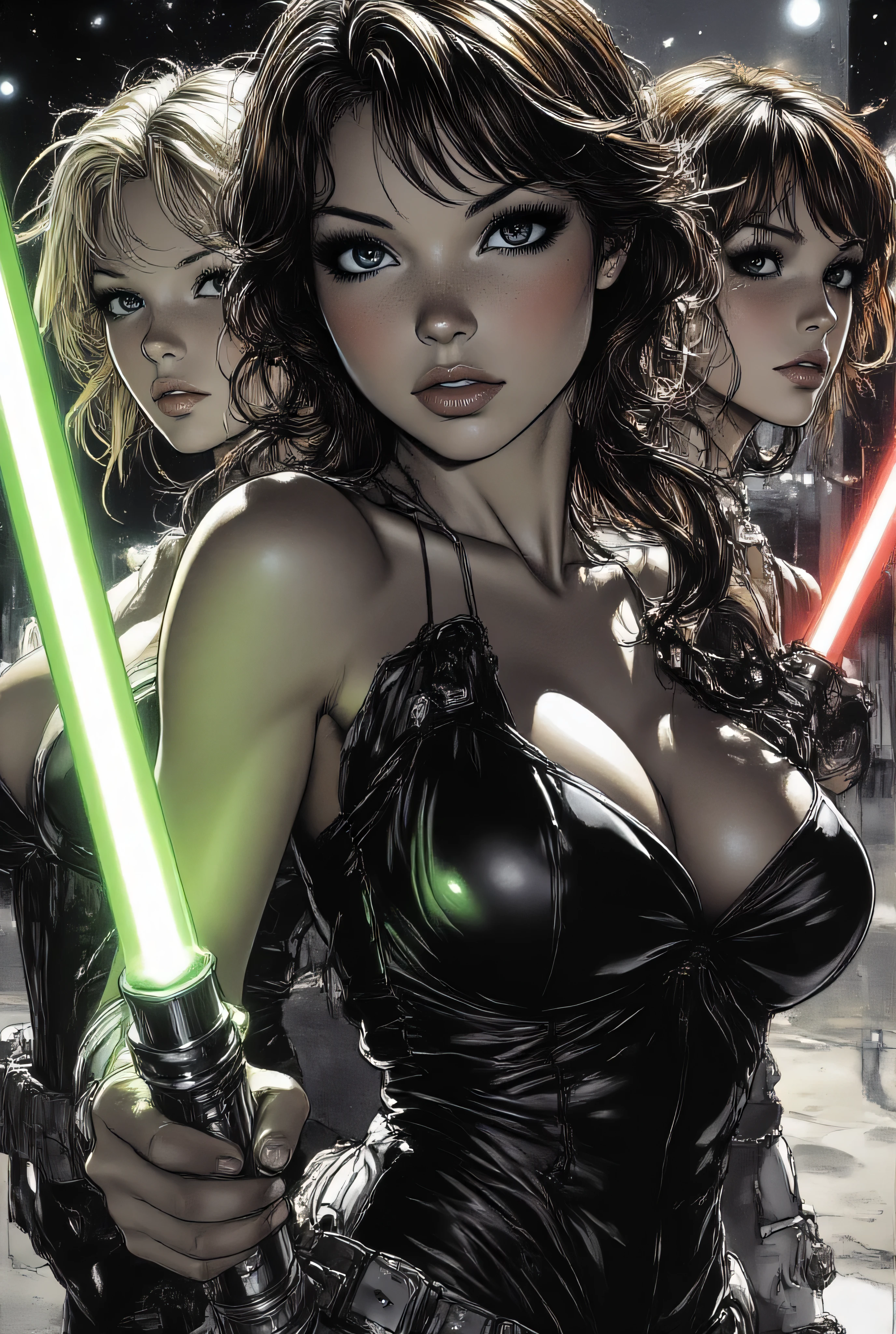 Subject/Composition: Black and white (monochrome), ultra-detailed, cinematic portrait of Three sexiest characters in revealing dress (half-bust:1.2), (1)a Jedi blonde woman with green lightsaber, (2)a Sith brunette woman with red lightsaber (3)a Jedi red head woman with blue lightsaber.
Lighting/Style: High contrast, dramatic chiaroscuro lighting. Strong single light source casting deep shadows, highlighting muscle tone and texture. Ultra-realistic detail, fine film grain, high sharpness. Tense, humid atmosphere.
Styles/Artists: Photorealism, Cinematic Lighting, Hyperdetailed, Greg Rutkowski, Artgerm, Loish, Blade Runner, Akira, Ghost in the Shell.