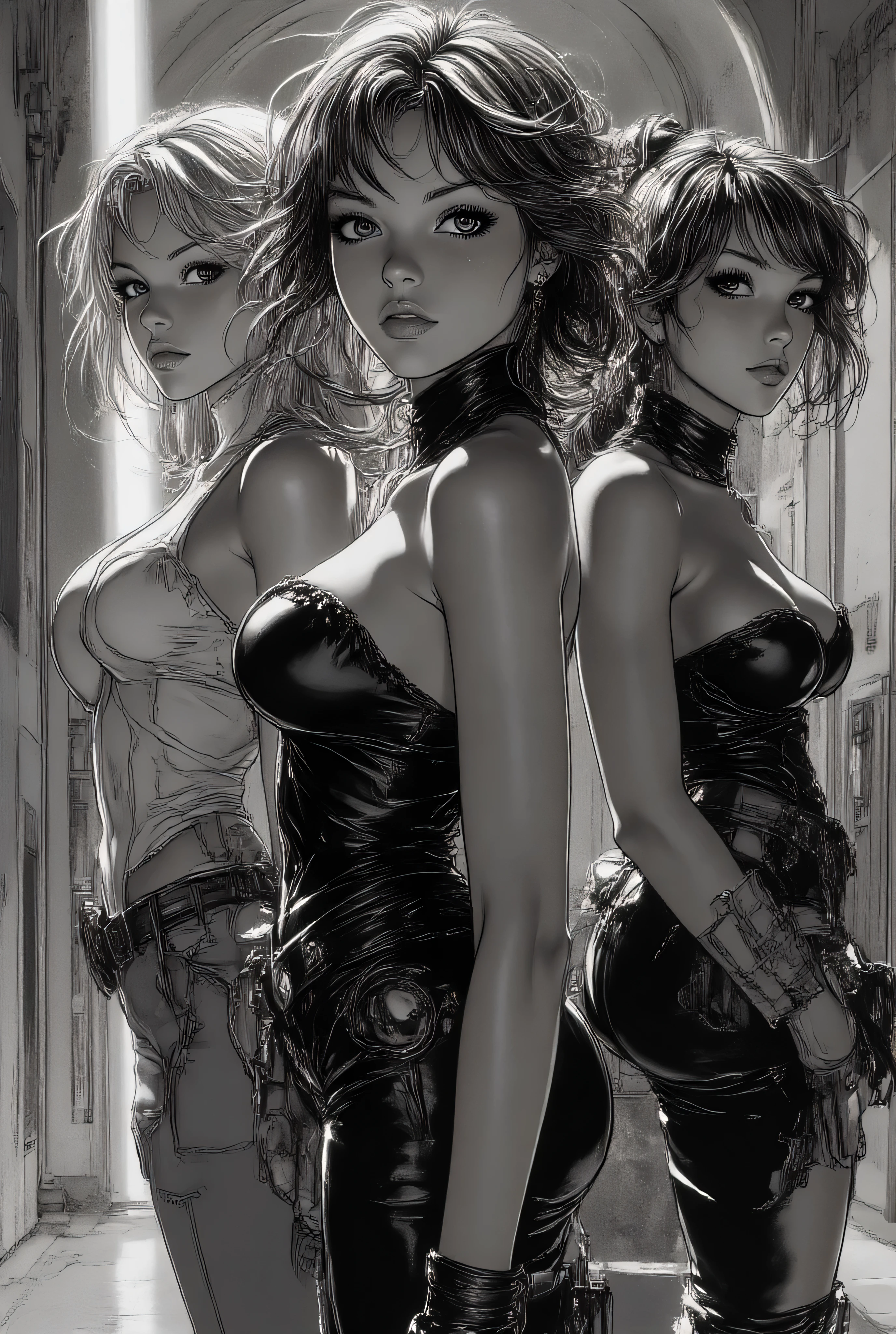 Subject/Composition: Black and white (monochrome), ultra-detailed, cinematic portrait of Three sexiest characters in revealing dress (half-bust:1.2), (1)a Jedi blonde woman with green lightsaber, (2)a Sith brunette woman with red lightsaber (3)a Jedi red head woman with blue lightsaber.
Lighting/Style: High contrast, dramatic chiaroscuro lighting. Strong single light source casting deep shadows, highlighting muscle tone and texture. Ultra-realistic detail, fine film grain, high sharpness. Tense, humid atmosphere.
Styles/Artists: Photorealism, Cinematic Lighting, Hyperdetailed, Greg Rutkowski, Artgerm, Loish, Blade Runner, Akira, Ghost in the Shell.
