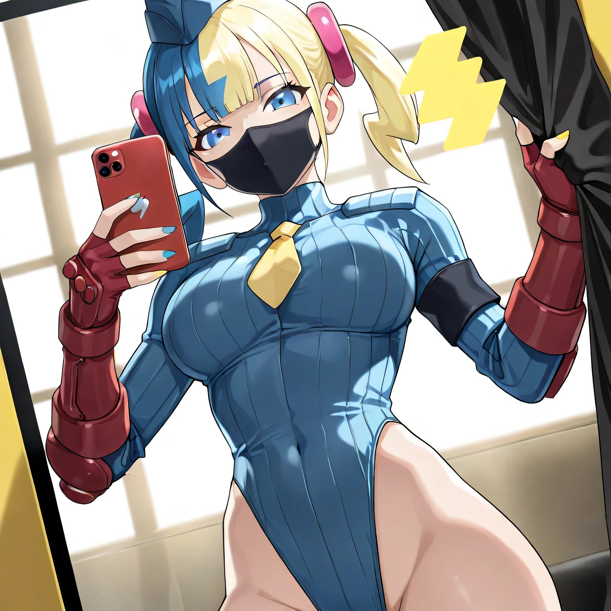 (((Masterpiece))), (((Best Quality))), ((Super Detail)), ultra-High resolution, score_9,score_8_up,score_7_up,score_6_up,score_5_up,score_4_up, BREAK, source_anime, anime screencap, uncensored, Masterpiece, (best shadow), (absurdres), (detailed background), (very aesthetic), shiny, detailed beautiful eyes, outstanding, countershading, detailed soft lighting, an exquisite animation illustration, curvy, shadaloo dolls, red gloves, hat, fingerless gloves, gauntlet, red gauntlet, leotard, cosplay, highleg, highleg leotard, garrison cap, dark persona, ribbed leotard, yellow necktie, (((solo, 1girl))), hair ornament, seductive pose, submissive pose, anime style, anime coloring, animification, megami magazine, sexy pose, expressionless, emotionless, medium breast, canari, dark-skinned female, multicolored hair, two-tone hair, blonde hair, blue hair, twin tails, blue eyes, short twintails, blunt bangs, black hair, eyelashes, blue eyes, nail polish, yellow nails, blue nails, fingernails, dark skin, mouth mask, smile, looking at viewer, v, selfie, looking at viewer, heart, holding smartphone, smartphone, cinematic angle, dynamic angle, dutch angle, indoor, dappled light, sunbeam