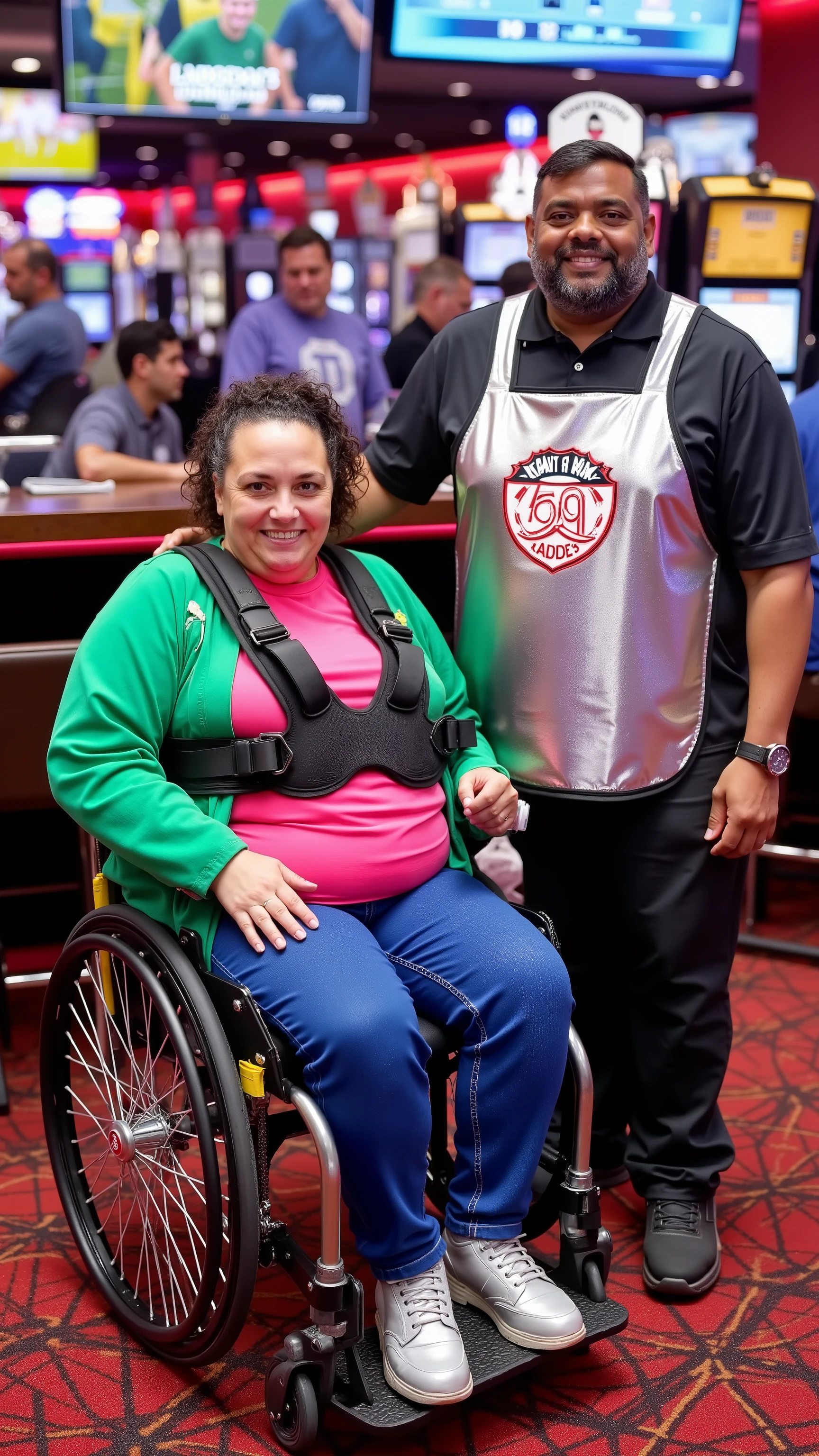 A 54 year old 500 pound woman with thick arms a cute large face and big belly, wears a pink thick neoprene padded wheelchair harness, with black nylon straps, wearing a blue wheelchair hip belt, wearing a green rubber latex jacket, wearing a pink latex shirt, wearing blue latex jeans with yellow pockets, wearing silver boots, in a casino by a bar with large screen TVs above the bar playing various sporting events, a bartender that is fat 500 pound black man with shiny wet arms wears a shining silver lead apron with a large fist printed on the chest and text that reads "HEAVY HANDED"