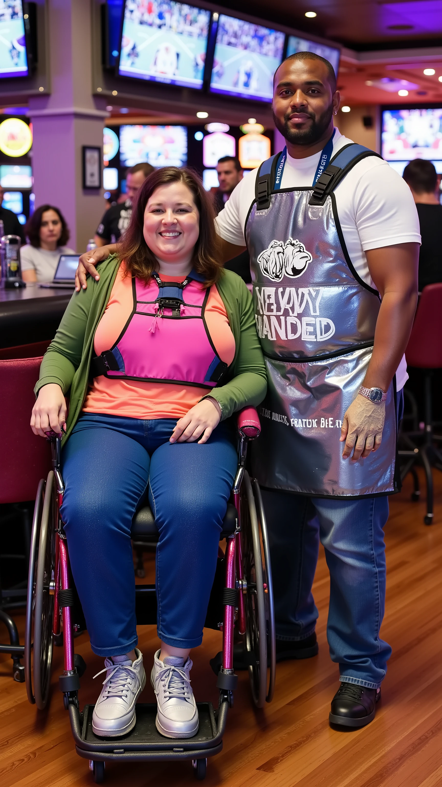 A 54 year old 500 pound woman with thick arms a cute large face and big belly, wears a pink thick neoprene padded wheelchair harness, with black nylon straps, wearing a blue wheelchair hip belt, wearing a green rubber latex jacket, wearing a pink latex shirt, wearing blue latex jeans with yellow pockets, wearing silver boots, in a casino by a bar with large screen TVs above the bar playing various sporting events, a bartender that is fat 500 pound black man with shiny wet arms wears a shining silver lead apron with a large fist printed on the and text that reads "HEAVY HANDED"