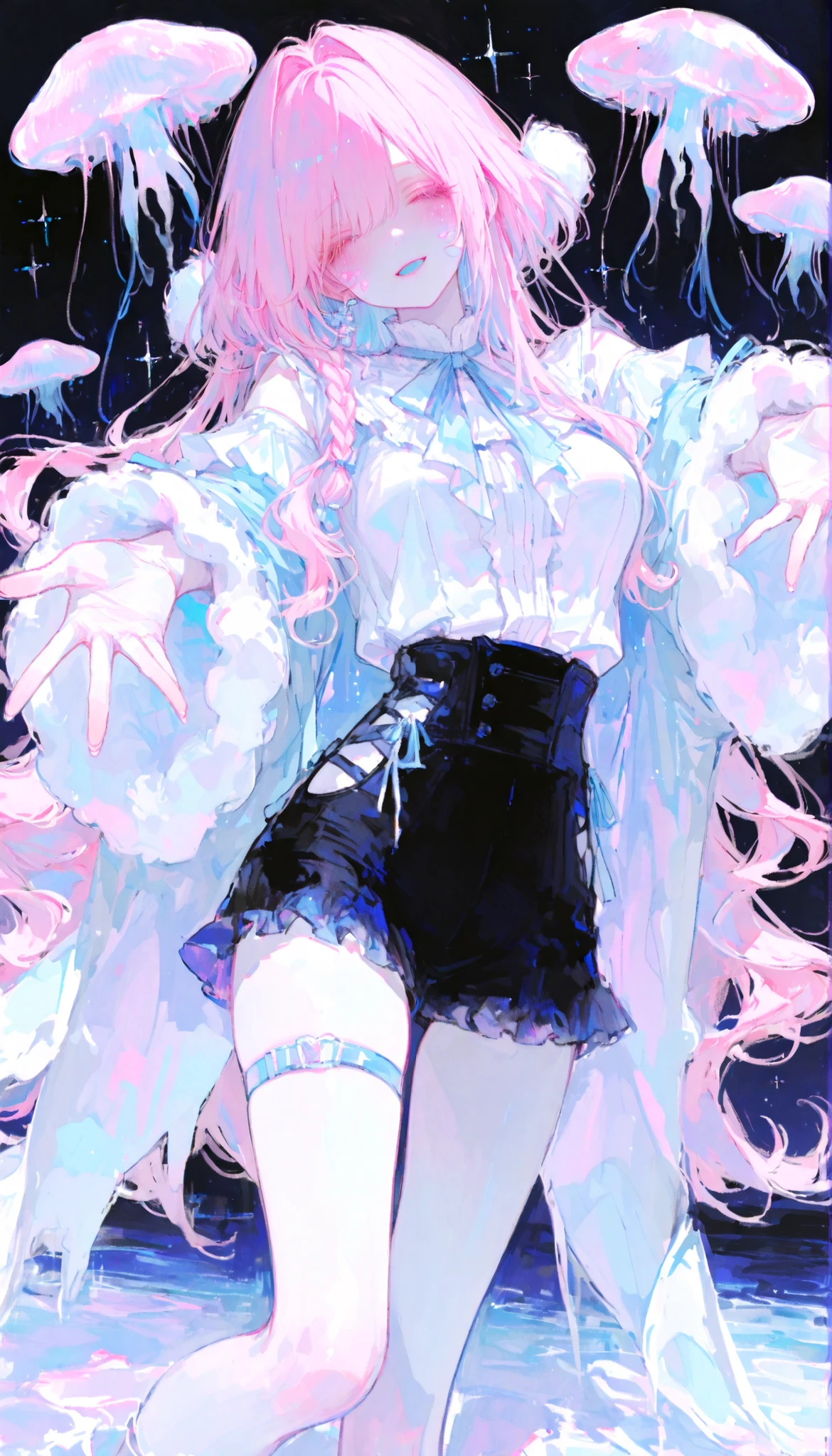 only 1 ethereal and graceful girl, {{slim girl, petite}}, sweet and gentle smile, transparent watery cyan eyes with soft sparkle,1.8::detailed eyes, detailed face::, {{long Jellyfish haircut, layered hair, very long wavy hair, Description, fluffy hair}}, 1.5::smooth gradient, pale blue top, lavender blue base to soft pink smooth gradient, back to pale blue::, {hair intakes}, side-swept soft bangs, shoulder-length layers with a single thin side braid like a drifting jellyfish tentacle, sheer, airy texture with light shine, long bangs, soft coral pink blush on cheeks, big breast, {long pale eyelashes}, wearing a white high-neck blouse with a layered frill cravat (long jabot), black billowy mantle with large sleeves gently swaying, high-waist black shorts and thigh-high strap, {{smooth dark gradient arms}}, {{smooth white gradient slim legs}}, blue in mouth, bare legs subtly shifting from lavender blue to white at the toes like deep sea light diffusion, hands gradually darker near the fingertips, soft ocean breeze lifting hair and cape,  dreamy atmosphere, pastel color palette, floating or interacting, soft shadows, -1::human::, incoming hug, 