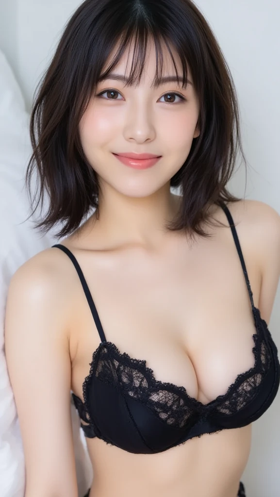 SeaArt Bot Variation 13:44:05 ((masterpiece, highest quality, High resolution)), 1 girl, (Realistic: 1.4), alone, White Background, Pure White Background, Mouth closed, Smile, Smile, Beautiful black hair, short hair, Big eyes, Transparent double eyelids, eyelash, Listen carefully, Long neck, Absolute area, skirt, (Draw the whole head, shoulder), 19 years old, Attractive proportions, Shiny skin, Beautiful collarbone, Golden ratio face, Perfect Face, Tearful mole, Mole on ?????, bangs, clean bangs, Lip gloss, Thin lips, White skin, ?????, ???????????,Black lace bra