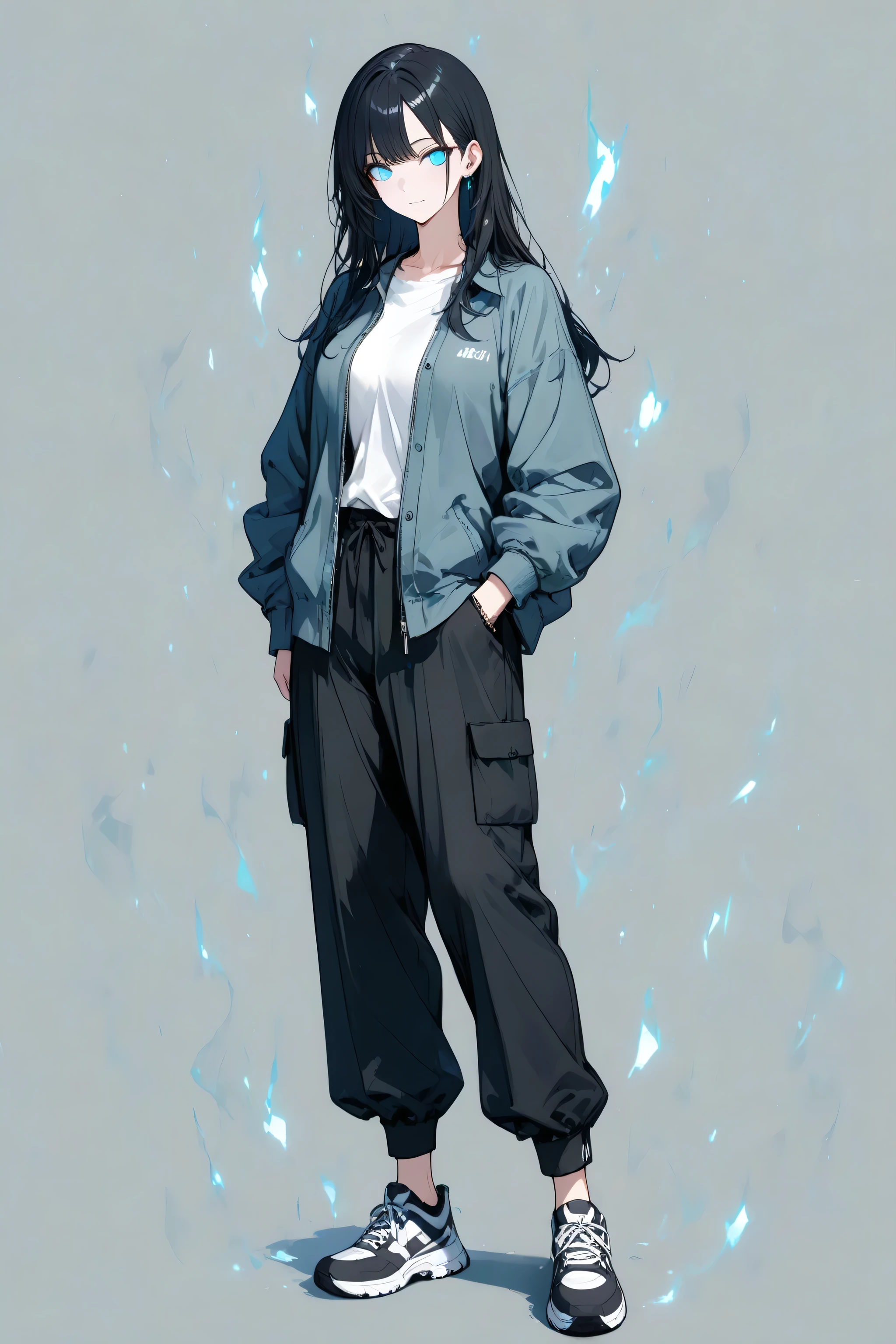 Detailed anime-style character, human, female, tall, adult, standing, full body. A professional, masterfully-rendered portrait. Stylish casual jacket, comfortable pants with utility pockets, and modern athletic sneakers. Cool grays, deep blues, and subtle glowing accents. Subtle aura, natural light, delicate features, serene expression, expressive posture. High resolution, 4K, ultra-detailed, physically-based rendering, vivid colors.Against clean solid backdrop with no color bleeding into character design , sharp contrast between subject and background