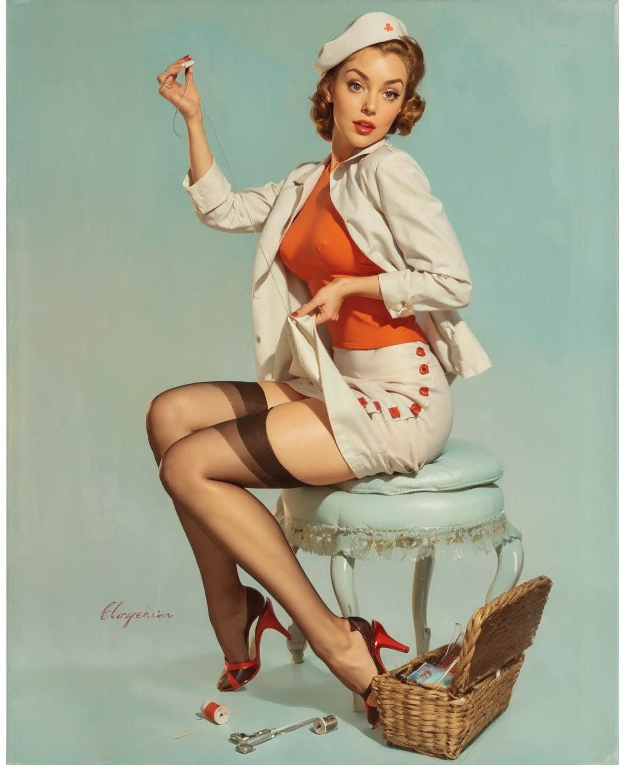 A classic pin-up illustration of a glamorous woman seated in a yellow oversized chair. She has wavy, dark brown hair styled retro, with a playful, surprised expression. Wearing a red dress slipping off one shoulder, black stockings, and red heels, her posture highlights her figure, with one arm on the chair and the other adjusting her dress, suggesting a flirtatious mishap. The smooth shading and soft colors are typical of mid-20th-century pin-up art, with a minimal background emphasizing the playful,  mood. <lora:vintagepinup:1> vintagepinup
