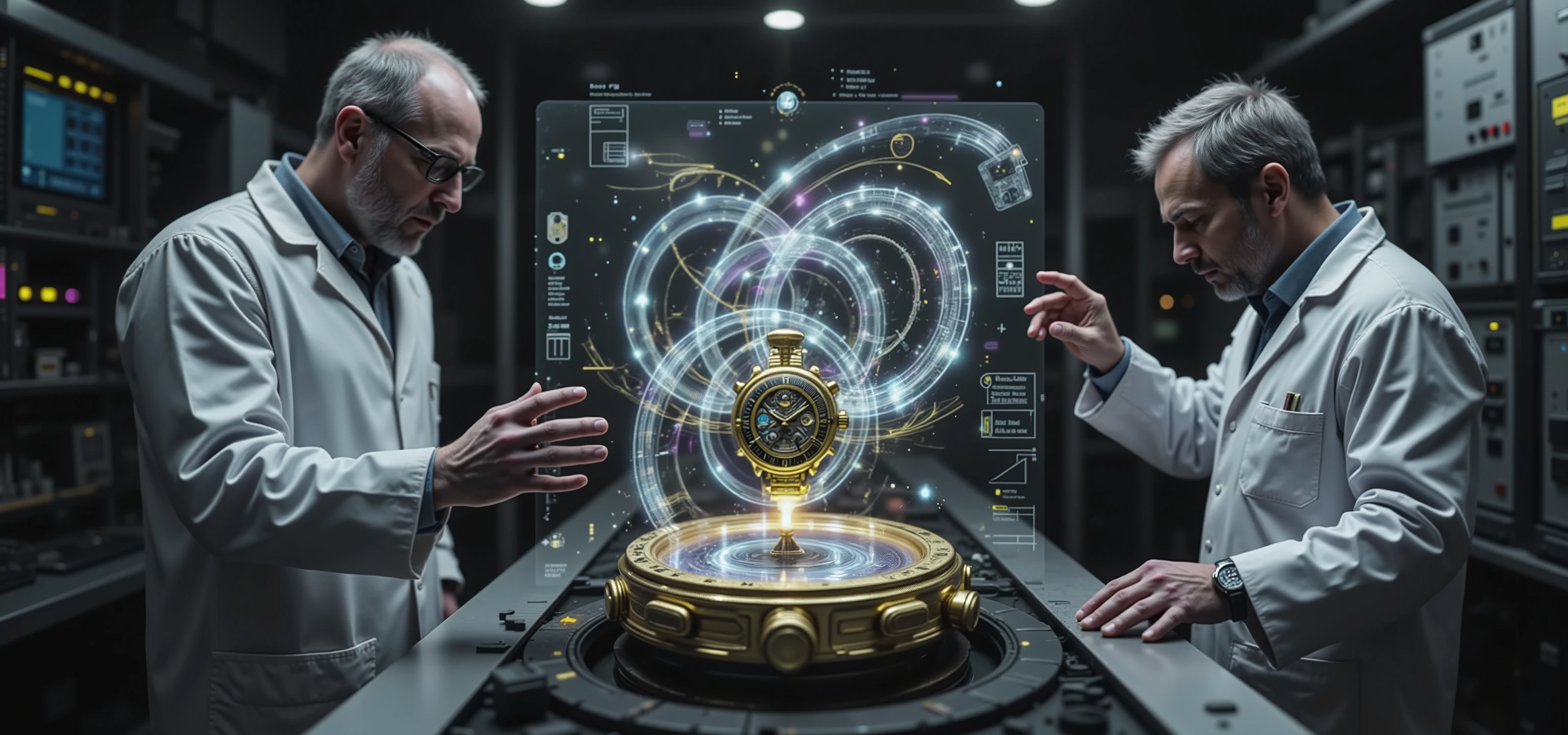 Scientists explaining with holograms the operation of a hand watch with a classic and gold design, symbols, esquemas, lights and arrows, Dates, very technical.
