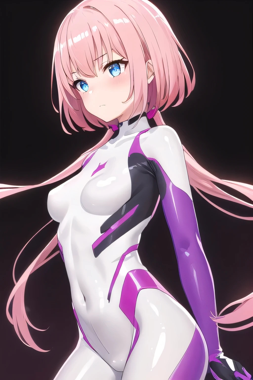 1girl,Samus aran,solo,green eyes, pink hair, forehead   hair, white zero suit,white body suit,purple stripes,cowboy shot,blush,,Science fiction,ultra-detailed,sharp focus,aesthetic,(best quality), white background, 