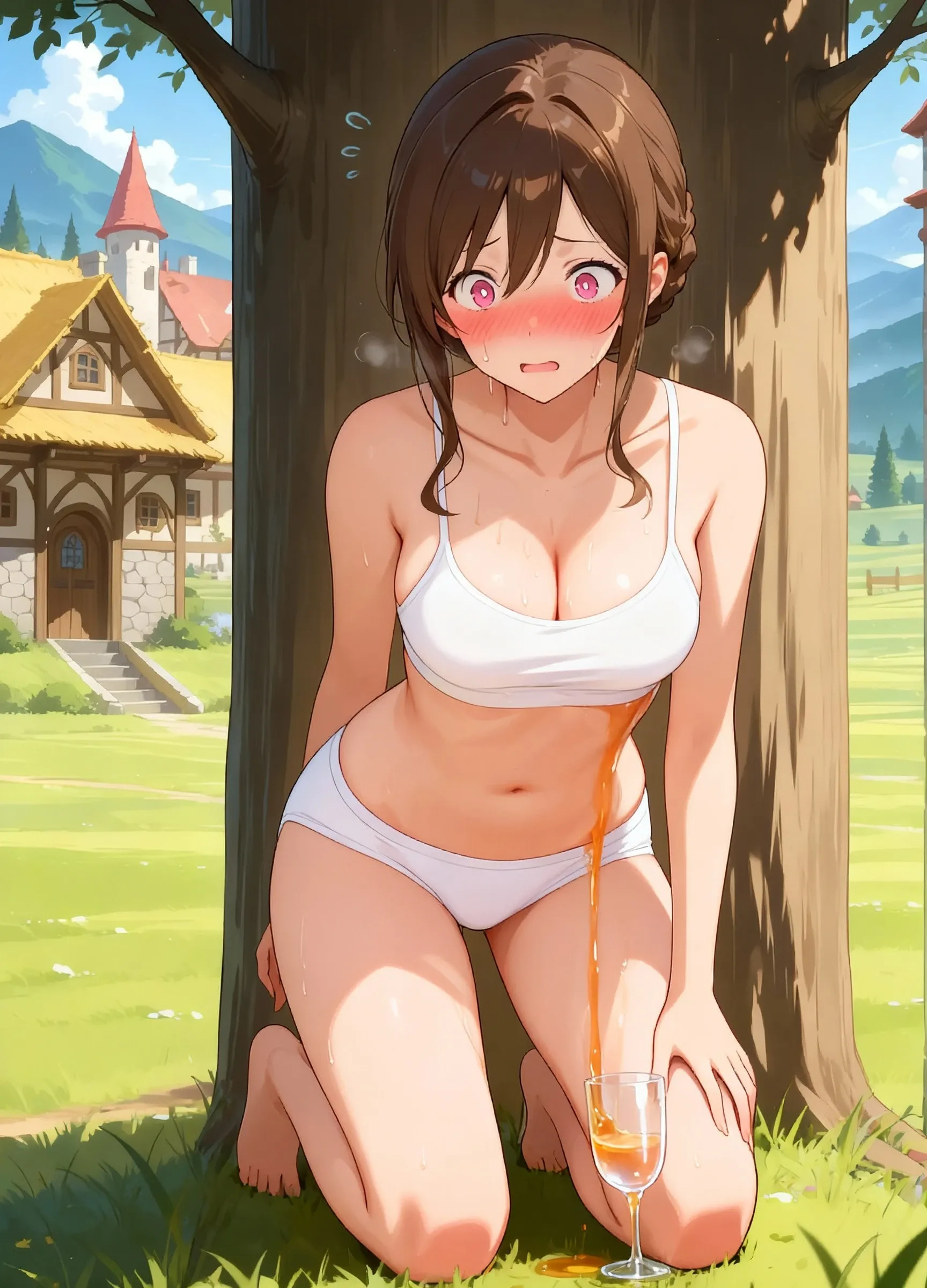 ((masterpiece:2.0))、、1 female(Thick thighs、Chubby、(Disproportionate :1.2)、(:1.2)、 Childish face、(Brown Hair:1.2)、Shoulder-length hair、Yellow-green eyes、15 years old、(Embarrassing:1.3)、Red cheeks、tears、(Micro :1.5)、(I want to go :1.5)、(Vulgarity:1.6)、shortness of breath、Bend your knees、(bulging lower abdomen:1.8)、Can't stand up straight、Leaning forward、Moist Skin、Beautiful legs、Clean hands、Stick your  out)、whole body、(View from the front:1.5)、night、Sandy Beach