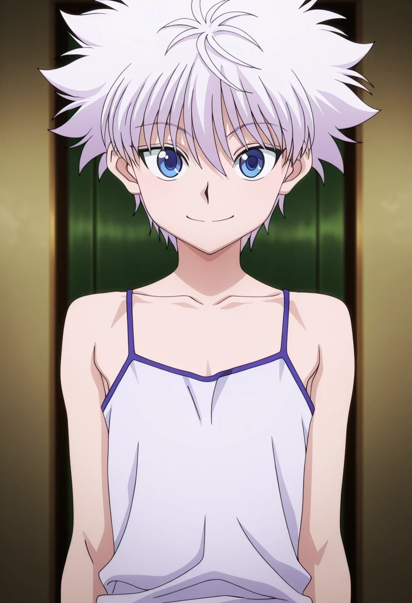 傑作、Best quality、Best resolution、Best image quality、amazing quality、 very aesthetic、 absurdres、anime coloring、anime screencap、anime screenshot、1boy、killua zoldick、<lora:killua_zoldyck_ilxl:1>、male focus、solo、white hair、short hair、spiked hair、bangs、blue eyes、upper body、smile、flat chest、sleeveless、camisole、camisole underwear、closed mouth、looking at viewer、standing、white camisole、indoor、