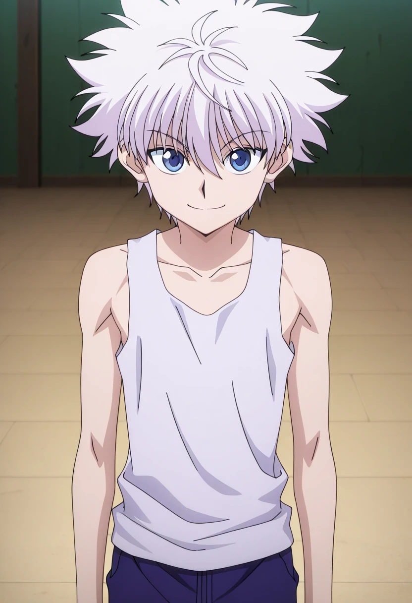 傑作、Best quality、Best resolution、Best image quality、amazing quality、 very aesthetic、 absurdres、anime coloring、anime screencap、anime screenshot、1boy、killua zoldick、<lora:killua_zoldyck_ilxl:1>、male focus、solo、white hair、short hair、spiked hair、bangs、blue eyes、upper body、smile、flat chest、sleeveless、tank top、tank top underwear、closed mouth、looking at viewer、standing、white tank top、indoor、