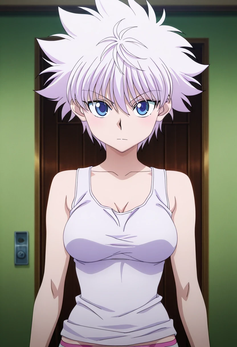 傑作、Best quality、Best resolution、Best image quality、amazing quality、 very aesthetic、 absurdres、anime coloring、anime screencap、anime screenshot、1girl、killua zoldick is a girl、<lora:killua_zoldyck_ilxl:1>、(female:1.4)、female focus、solo、white hair、short hair、spiked hair、bangs、blue eyes、upper body、medium breasts、covered breasts、medium boobs、covered boobs、sleeveless、tank top、tank top underwear、closed mouth、looking at viewer、standing、white tank top、indoor、