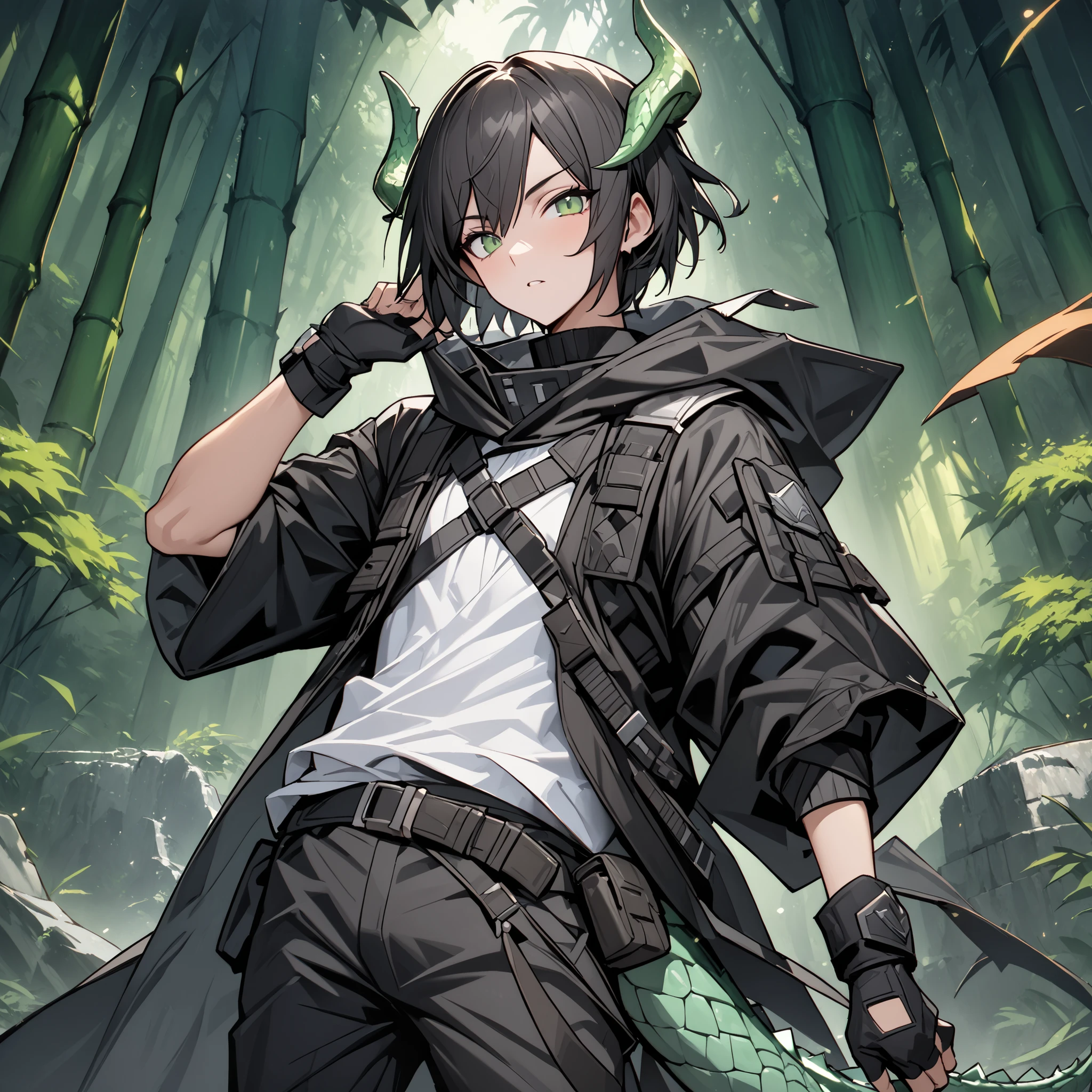 Masterpiece, High quality, Best quality, Quality masterpiece, Live2D, splash art, Focus face, solo man, Male, 1 Man, dragon_hybrid, , character in the center, head, Emerald Dragon horns and tail, Short hair, black hair, green eyes, green scales, wide collar, hood down, white shirt, black clothes, black gloves, fingerless gloves, black pants, Three-quarter pants, belt accessory, belt pouch, Bamboo forest, Ancient ruins.