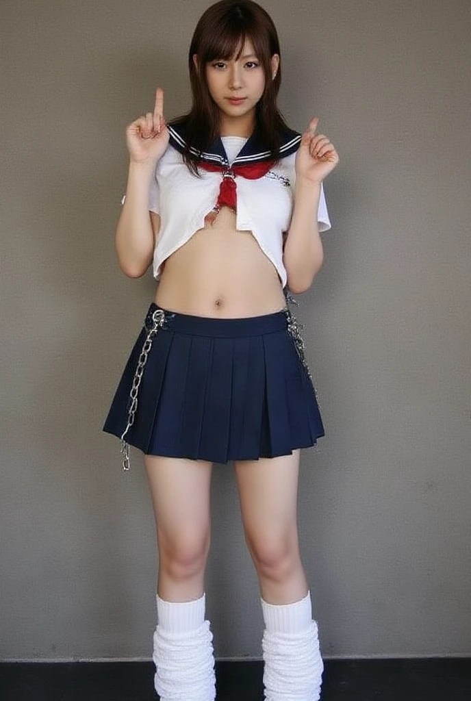 A neat and tidy elementary school student、(school uniform、Sailor suit、Ribbon tied on chest、Summer clothes、The upper body is white、The skirt is navy blue)、Inside the school、(slim)、Realistic、detailed, Skin Texture, 超detailed、Delicate and  collarbone、A sloppy smile、スーバーdetailedな顔、detailed唇、detailedな目、Small breasts、Small breasts、、Small breasts、Flat Chest、Bright Face、((Are standing、White and light blue striped panties are visible、Taking off her skirt、Skirt is down、She is  her skirt with both hands.))、Twin tails、Top View、8-year-old