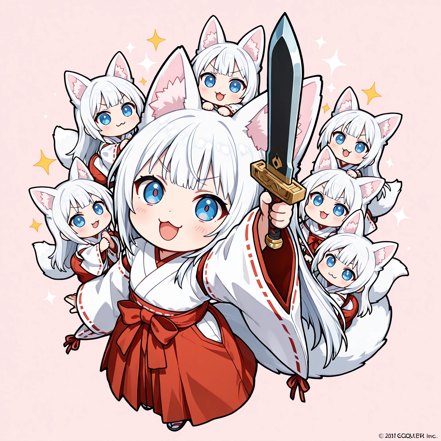  bronzeada de olhos cor de rosa e cabelos prateados usando roupas fofas e fazendo uma pose fofa,