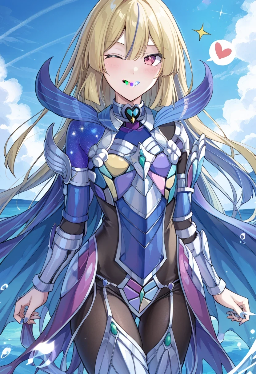 (score 9:0.9)、score 8 up、score 7 up、rating safe、anime style、(zPDXL)、(zPDXL3)、<lora:Tearlaments Reinoheart ponyXL v1.1:0.9>、tearlaments reinoheart、1boy、male focus、solo、water、pectoralis major、flat chest、blue armor、blue gauntlets、looking at viewe、blue nails、smile、standing、sparkle、beautiful boy、slender body、blue cape、black under bodysuit、grain、evil smile、naughty smile、bratty smile、provocative smile、blue tongue、tongue out、