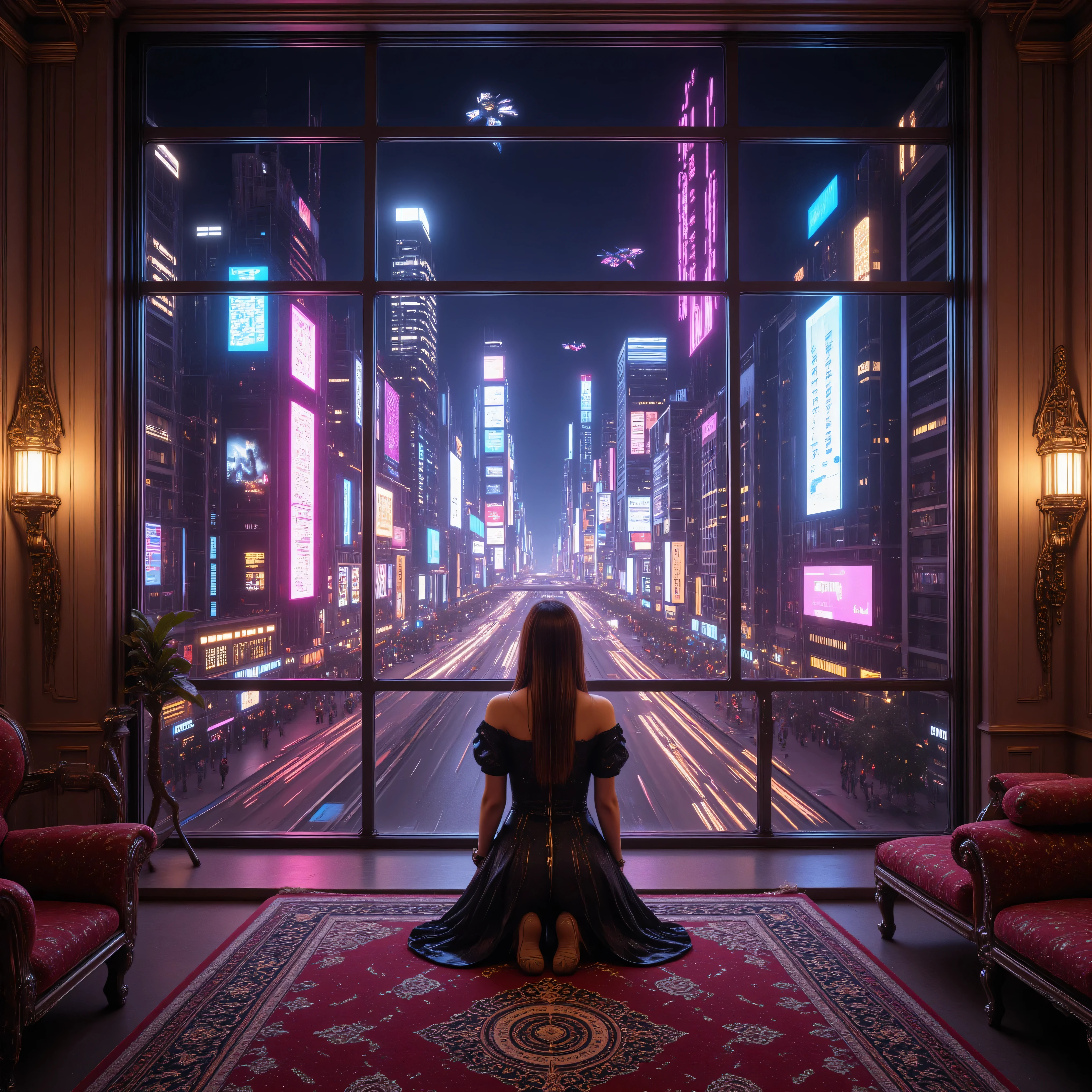  A Cybercity, hyper-realistic cyberpunk style. A woman in luxury at a floor to ceiling window watching a futuristic cityscape. She kneels on a richly patterned rug, a dazzling metropolis unfolds, its towering skyscrapers adorned with bright neon signs and digital billboards. The night sky overhead is lit up with flying vehicles. The city is alive with lights, color, and movement. The interior, with ornate decorations and subdued lighting, contrasts sharply with the vibrant energy of the cybercity cyberpunk cityscape.