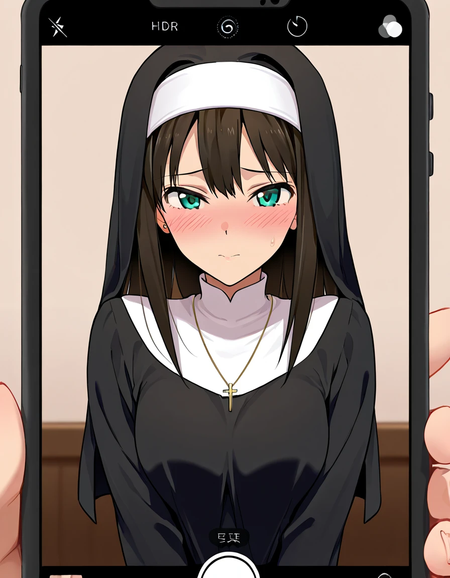 , masterpiece, (best quality: 1.2), long hair, blue eyes, green hair, worns, , evil_smile, , ((NUN)), red lipstick, ((seducing a boy: 1.5)), fishnet stocking, , woman being  by a boy, (())