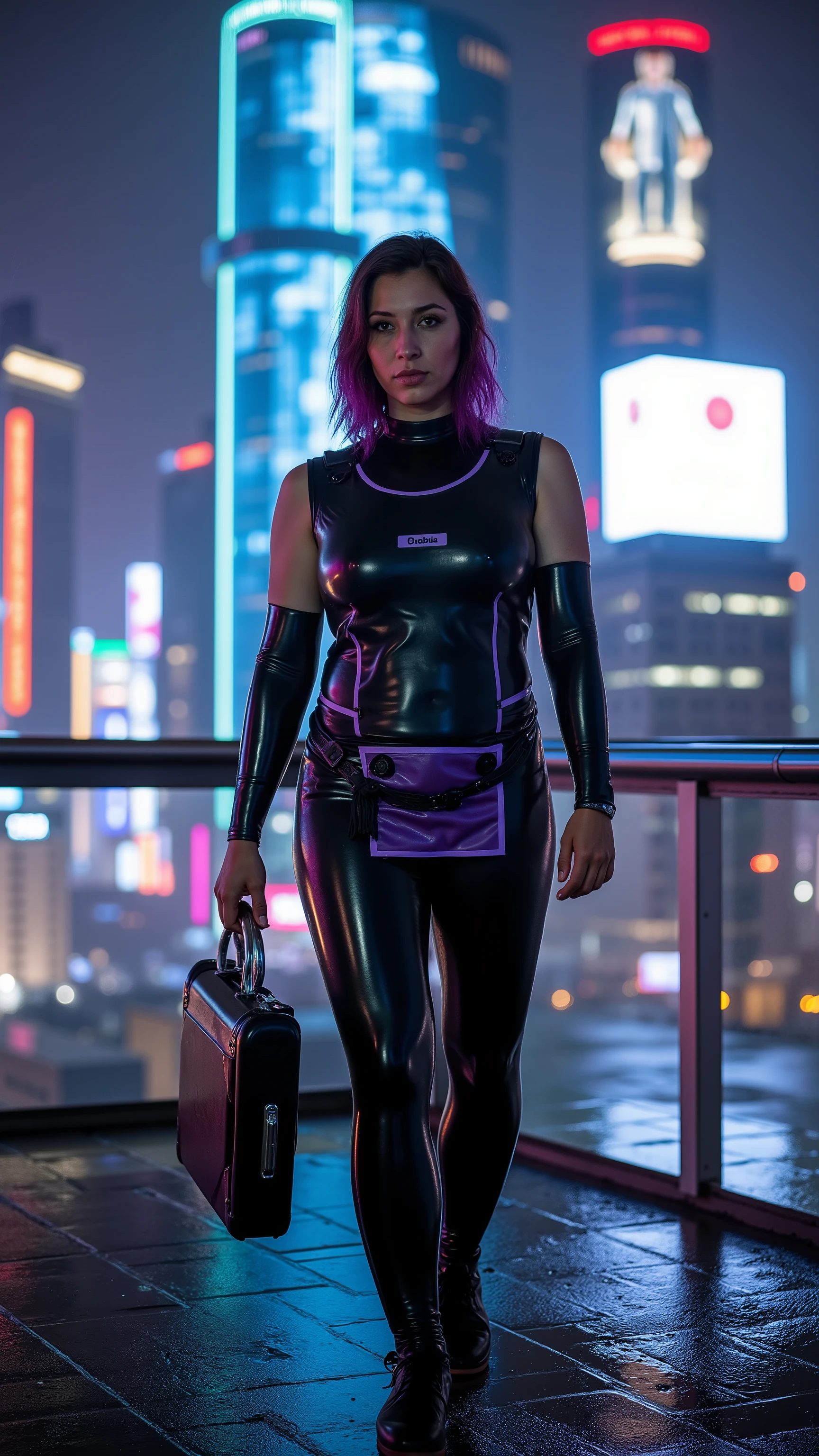 A 40-year-old athletic woman in a sleek black latex bodysuit with metallic purple accents wearing a black and purple lead apron, standing on the rooftop terrace of a neon-lit cyberpunk skyscraper in Tokyo, surrounded by holographic advertisements and glowing city lights, holding a futuristic chrome briefcase, (dynamic lighting:1.3), (detailed urban landscape:1.2), rain-slicked surfaces reflecting neon colors