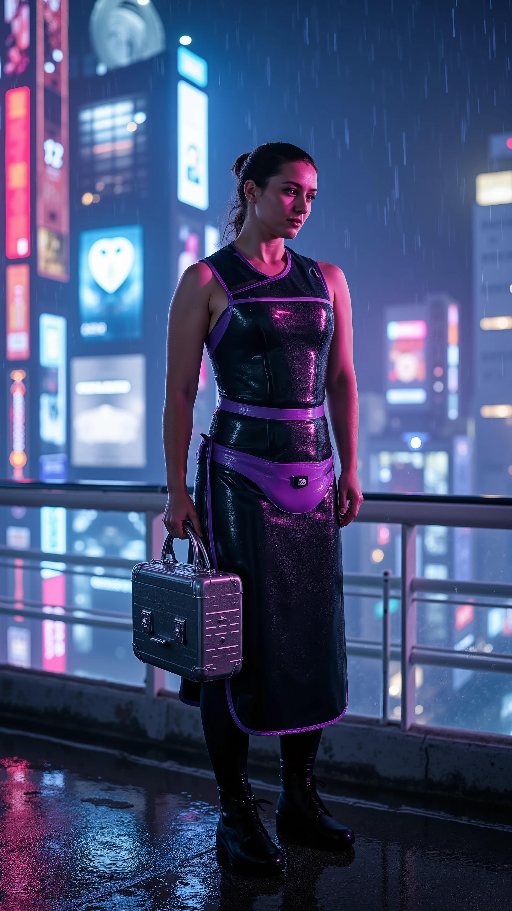 A 40-year-old athletic woman in a sleek black latex bodysuit with metallic purple accents wearing a black and purple lead apron, standing on the rooftop terrace of a neon-lit cyberpunk skyscraper in Tokyo, surrounded by holographic advertisements and glowing city lights, holding a futuristic chrome briefcase, (dynamic lighting:1.3), (detailed urban landscape:1.2), rain-slicked surfaces reflecting neon colors