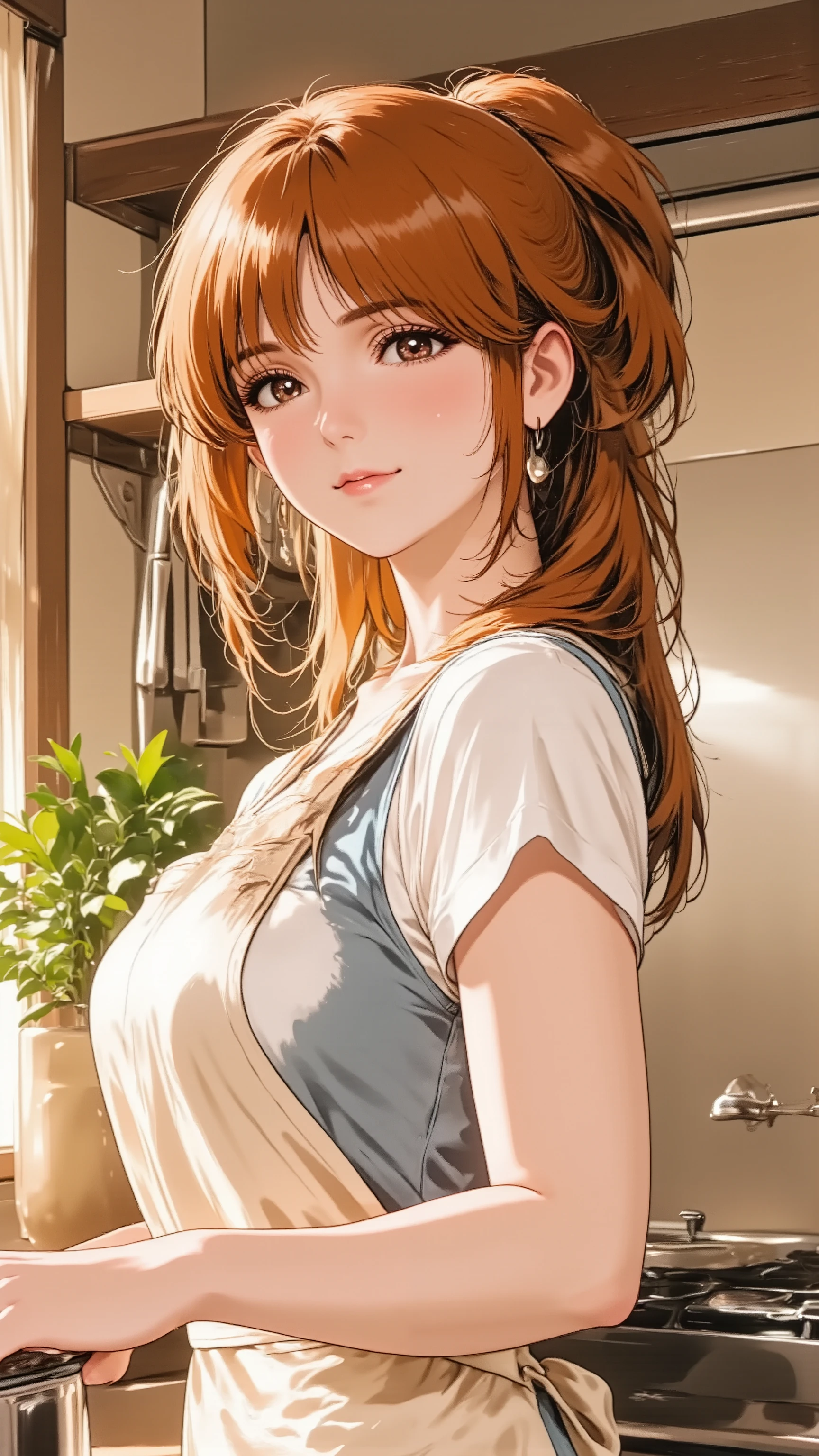 A mature 30s woman, a wife and mother, exuding adult charm, in a comfortable cotton apron. She has natural and correct anatomy, including her hands and feet. She is in a full-body standing pose in a sunlit kitchen, gently stirring a pot, looking towards the camera with a soft, knowing smile. She has tastefully tied-back hair and light, natural makeup with subtle lip tint. Shot from a warm, inviting medium angle.