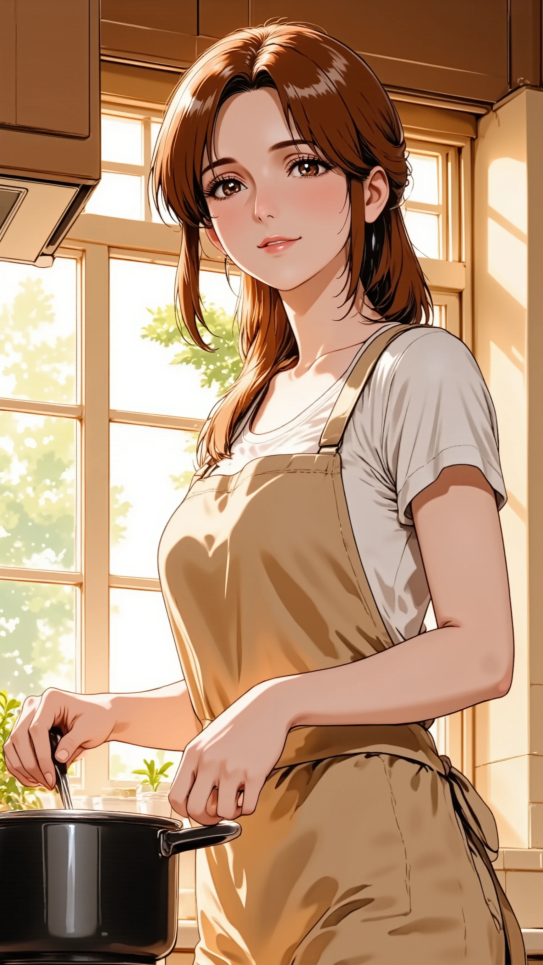 A mature 30s woman, a wife and mother, exuding adult charm, in a comfortable cotton apron. She has natural and correct anatomy, including her hands and feet. She is in a full-body standing pose in a sunlit kitchen, gently stirring a pot, looking towards the camera with a soft, knowing smile. She has tastefully tied-back hair and light, natural makeup with subtle lip tint. Shot from a warm, inviting medium angle.