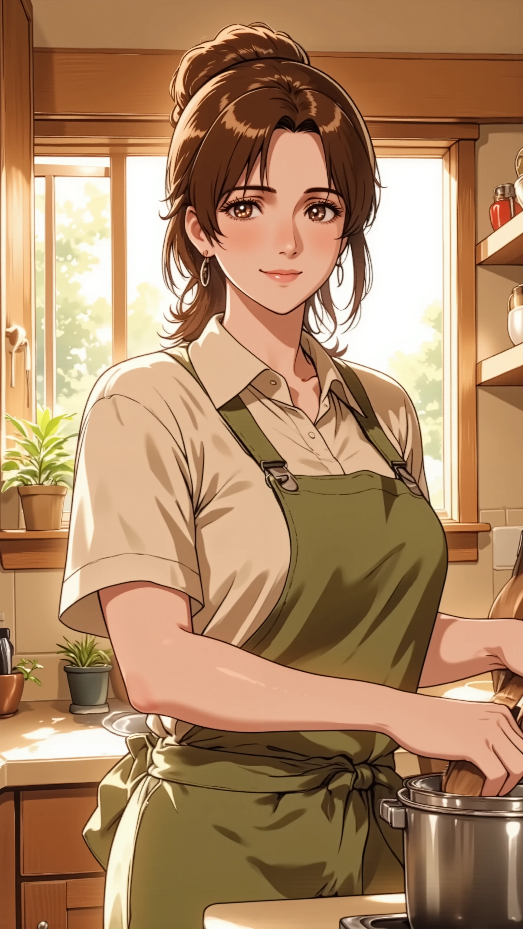 A mature 30s woman, a wife and mother, exuding adult charm, in a comfortable cotton apron. She has natural and correct anatomy, including her hands and feet. She is in a full-body standing pose in a sunlit kitchen, gently stirring a pot, looking towards the camera with a soft, knowing smile. She has tastefully tied-back hair and light, natural makeup with subtle lip tint. Shot from a warm, inviting medium angle.