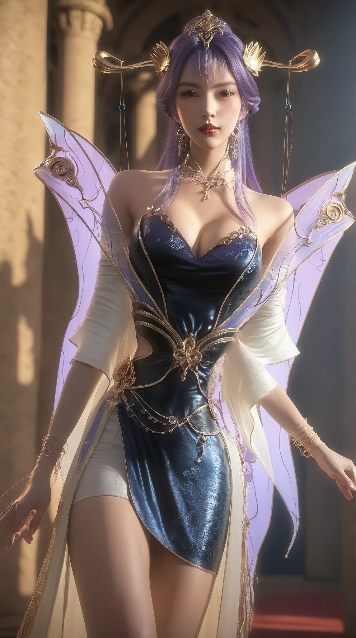 1girl, solo, tmasterpiece, cg, 8k, raw photo, picture, simple backgound, (looking at camera:1.5), Full body photo, posing, Ultra-delicate skin, (Super detailed face:1.2), purple eyes, eyelashes, Black eyeliner、Dark eyeshadow、hair adornments、Forehead headdress、long whitr hair、blond hairbl、collars、choker、cropped shoulders、Body-beautifying、Detailed clothing、sleeve、Perfect figure，mediuml breasts，cleavage，Gold and silver line art，Gorgeous gold armor，Openwork design，Over-the-knee boots、upper legs、angel wing、