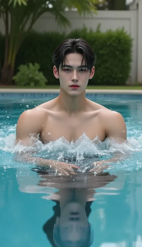 (????, perfect body, high light, 8K:3.5), (Only one person, ????? with a beautiful ????? ?????, Young Thai man:2.63), (15 years old), (Perfect handsome man, Small and beautiful face, Dirty, Energetic Inspiring, beautiful:2.82), (Medium length hair with symmetrical center parting:2.6), (tones, 8 Pack Abs, Slim and muscular, Hair-free skin:2.75), (sweat body:4), ((dashed eyes, shiny hair)), (((front view, looking at viewer, Sitting in a tropical pool))), (((best ?????, best legs, best ?????????, best fingers))), necklace, ear cuff, bracelet
