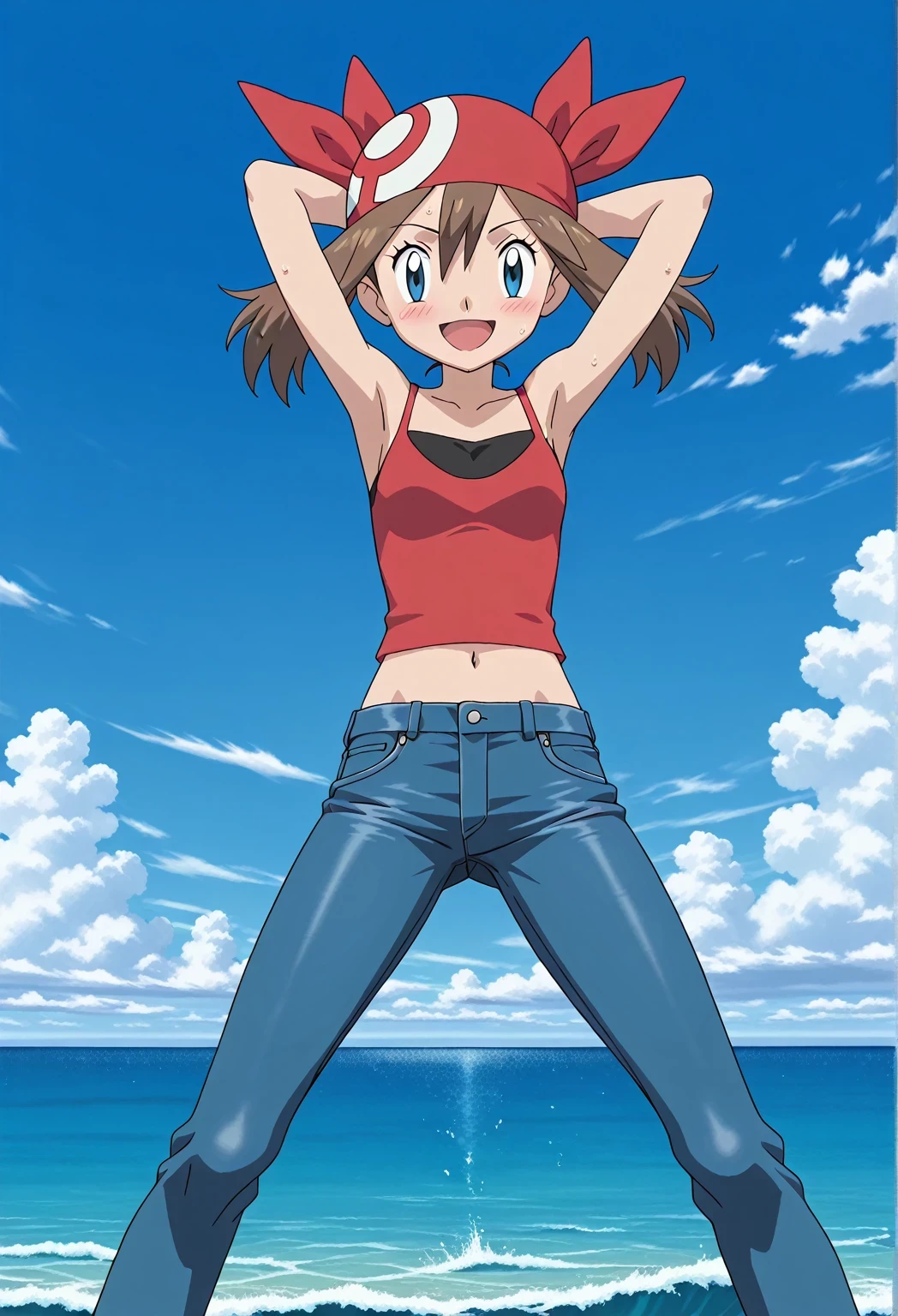 score_9, score_8_up, score_7_up, source_anime, highres, hi res, ((best quality, top quality, perfect quality, Highest Quality, amazing quality)), {{masterpiece}}, {{an extremely delicate and beautiful}}, 2d, intricate details, official style, anime, 8k, anime style, official_anime, official art, digital painting, cell shading, soft shading, high resolution, soothing tones, Subdued Color, Soft cinematic light, adobe lightroom, photolab, HDR, intricately and hyper-detailed, ((high quality animation)), 1 girl, Alone, solo, ((ocean)), tsunami, on the water, day, sunny, outdoors, sky, windy, pokemonmay, Pokemon ag, short hair, blue eyes, brown hair, bandana, red bandana, twintails, hair between eyes, hair in bandana, anime screencap, small breasts, red camisole top, crop top, red crop top, best quality, hyper-detailed jeans, ((blue jeans:1.9)), (dark blue jeans:0.6), full medium body, medium shot, Open mouth, smiling, happy face, blush, sweat, standing, ((arms behind head:6.0)), ((perfect arm line:2.5)), bowlegged, jumping pose, action, looking at viewer, spread legs, Bend knees slightly, straight-on front view