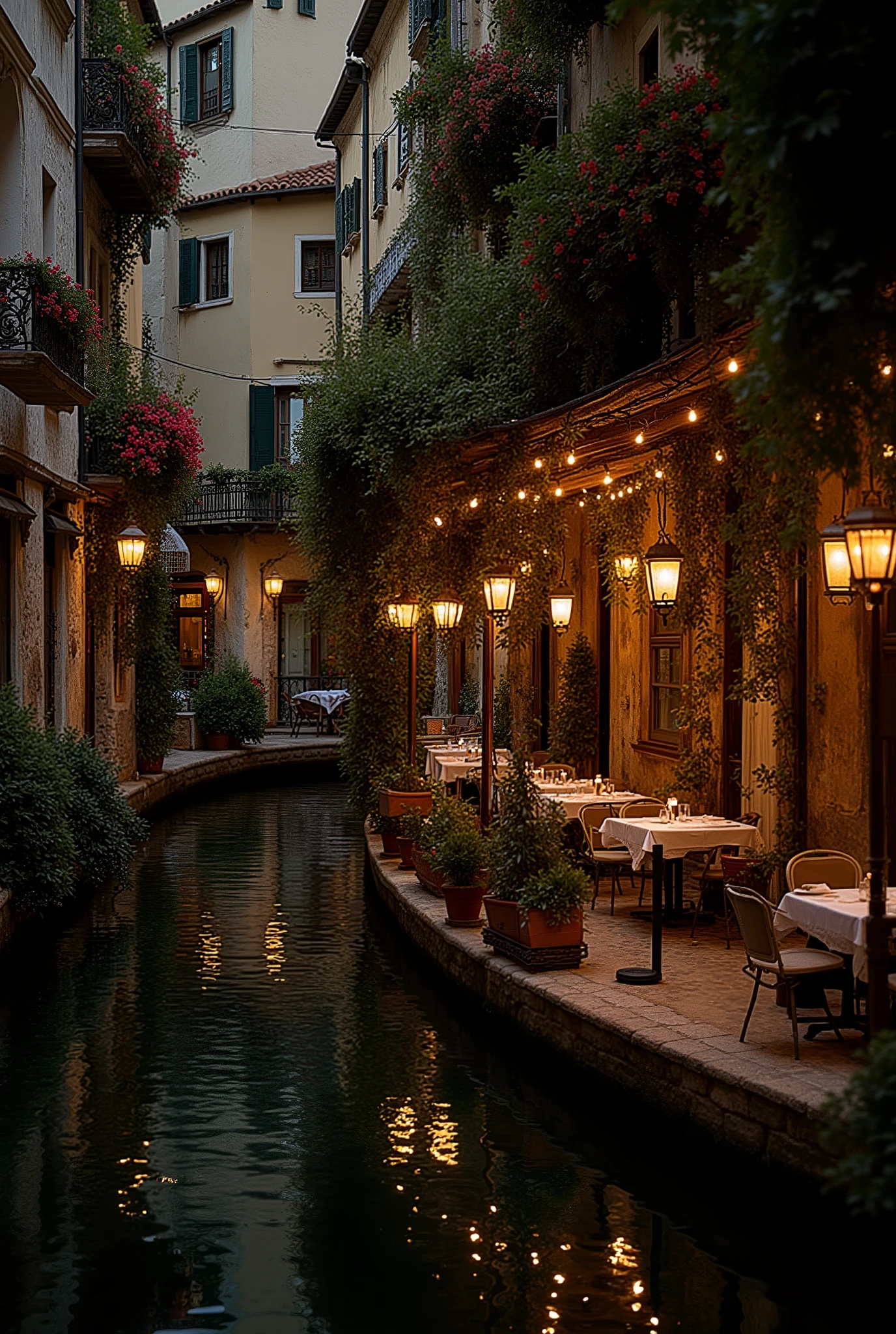 a serene and picturesque scene of a canal in a European city. The canal is flanked by charming, old style buildings with balconies adorned with flowers. On the right side of the canal, there is a cozy outdoor seating area for a restaurant or cafeteria, with tables prepared for dinner. The tables are covered with white tablecloths and have candles, creating a warm and welcoming environment. The area is well lit with hanging lanterns, and the surrounding vegetation adds a touch of nature to the urban environment. The water of the canal reflects the warm light of the lanterns, adding a beautiful glow to the scene. The general atmosphere is quiet and romantic, perfect for a romantic evening stroll or a relaxing meal by the canal.