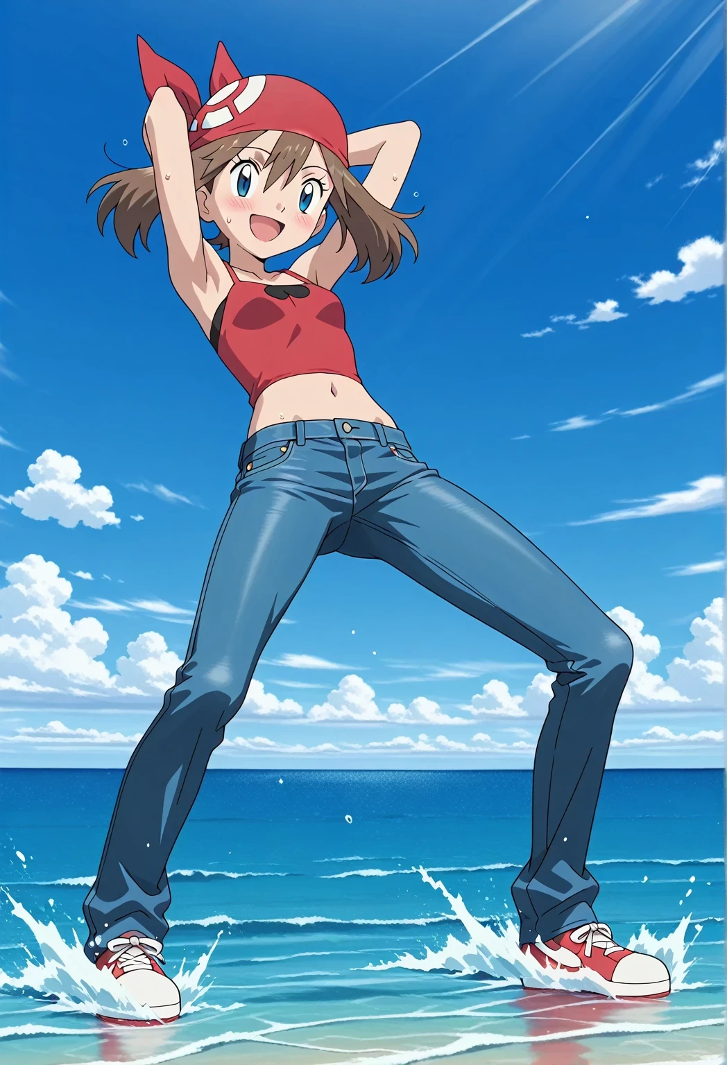 score_9, score_8_up, score_7_up, source_anime, highres, hi res, ((best quality, top quality, perfect quality, Highest Quality, amazing quality)), {{masterpiece}}, {{an extremely delicate and beautiful}}, 2d, intricate details, official style, anime, 8k, anime style, official_anime, official art, digital painting, cell shading, soft shading, high resolution, soothing tones, Subdued Color, Soft cinematic light, adobe lightroom, photolab, HDR, intricately and hyper-detailed, ((high quality animation)), 1 girl, Alone, solo, ((ocean)), tsunami, on the water, day, sunny, outdoors, sky, windy, pokemonmay, Pokemon ag, short hair, blue eyes, brown hair, bandana, red bandana, twintails, hair between eyes, ((hair in bandana:1.4)), anime screencap, small breasts, red camisole top, crop top, red crop top, best quality, hyper-detailed jeans, ((blue jeans:1.9)), (dark blue jeans:0.6), full medium body, medium shot, Open mouth, smiling, happy face, blush, sweat, standing, ((arms behind head:6.0)), ((perfect arm line:2.5)), bowlegged, jumping pose, action, looking at viewer, spread legs, Bend knees slightly, straight-on front view