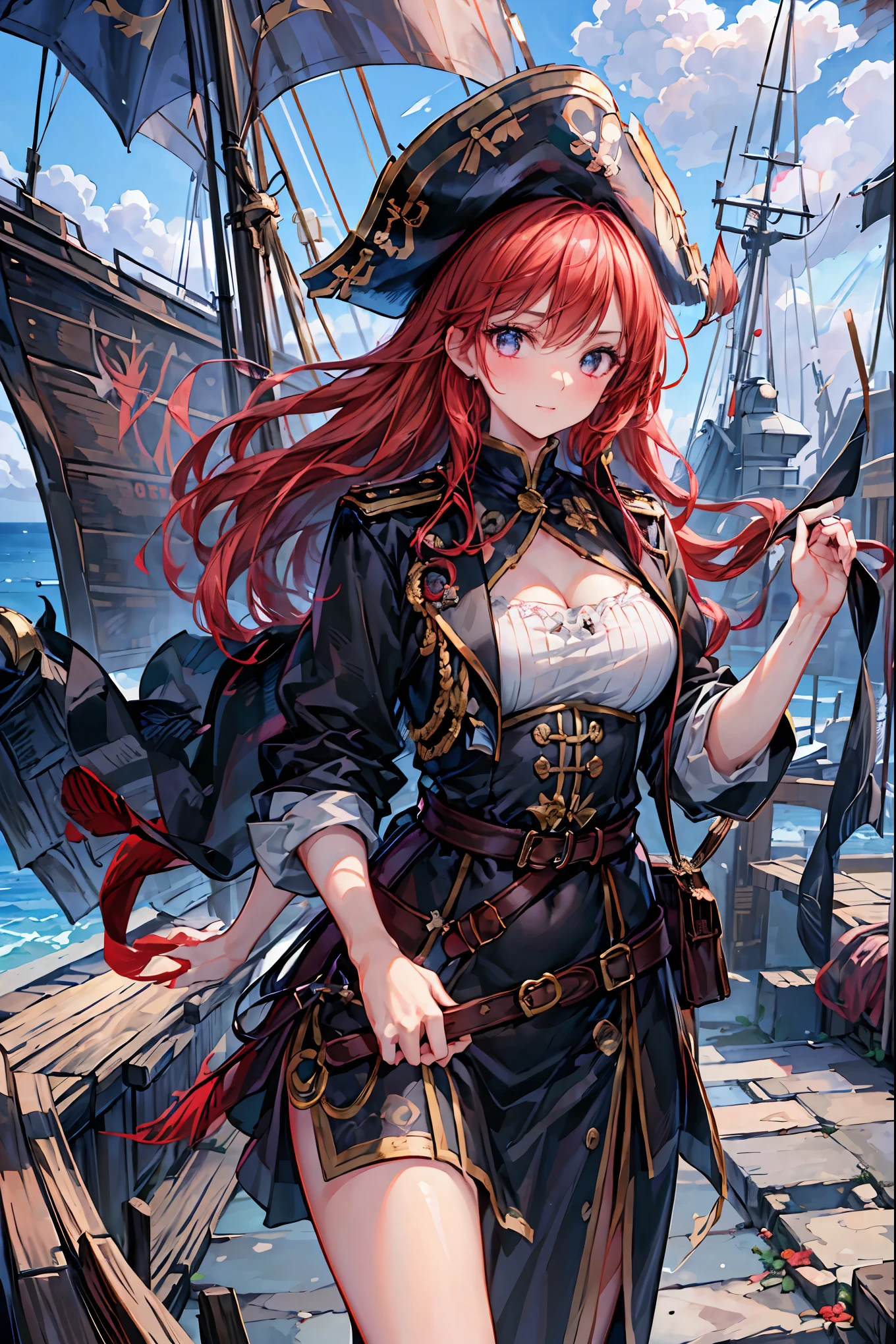 Brilliant Colors,beautiful eyes,A delicate smile,Textured Skin,masterpiece,Kilo,Highest Quality,gentle and beautiful woman,The Enchanted Pirate,A powerful pirate ship,A magnificent ship's hull,A rolling ocean,A vibrant scarlet flag,A pirate captain full of adventurous spirit,night，Break (masterpiece:1.2), 最High Quality, high resolution, Unity 8k Wallpaper, (shape:0.8), (Beautiful attention to detail:1.6),  Highly detailed faces, perfect lighting, very detailed CG, (perfect hands, perfect anatomy),St. Elmo's Fire，meteor、空から降り注ぐmeteor、無数のmeteor群，The Ship Wrapped in the Hand of Fire，A gaze with thick eyelashes,A look like a noble thief,The captain's solemn posture,Extreme detail,Realistic,professional,Incredibly detailed,masterpiece,4K,High Quality,ultimate reality,Dramatic Lighting,dynamic composition,Overwhelming Realism,Dark tones and highly saturated accents,A lively marine painting