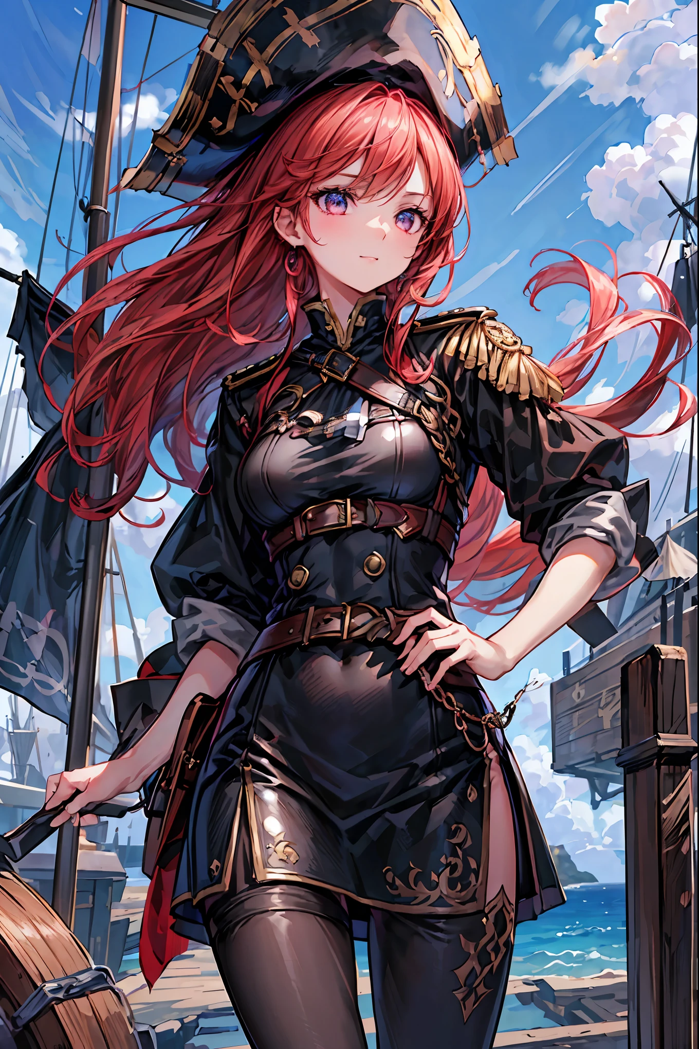 Brilliant Colors,beautiful eyes,A delicate smile,Textured Skin,masterpiece,Kilo,Highest Quality,gentle and beautiful woman,The Enchanted Pirate,A powerful pirate ship,A magnificent ship's hull,A rolling ocean,A vibrant scarlet flag,A pirate captain full of adventurous spirit,night，Break (masterpiece:1.2), 最High Quality, high resolution, Unity 8k Wallpaper, (shape:0.8), (Beautiful attention to detail:1.6),  Highly detailed faces, perfect lighting, very detailed CG, (perfect hands, perfect anatomy),St. Elmo's Fire，meteor、空から降り注ぐmeteor、無数のmeteor群，The Ship Wrapped in the Hand of Fire，A gaze with thick eyelashes,A look like a noble thief,The captain's solemn posture,Extreme detail,Realistic,professional,Incredibly detailed,masterpiece,4K,High Quality,ultimate reality,Dramatic Lighting,dynamic composition,Overwhelming Realism,Dark tones and highly saturated accents,A lively marine painting