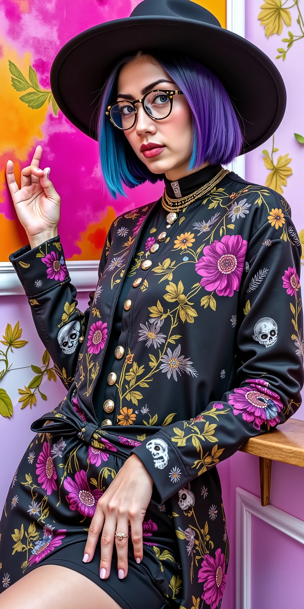 8K quality, watercolor painting, stylish design, (((The strongest beautiful girl of all time))), girl, Stylish glasses (cirle slim frame glasses) , Fashionable hats, (((highest quality))), bob hair, put your hand on the wall, HDR, Detailed details, skull fashion, detailed clothing texture, (((graffiti art))), colorful hair, ((masterpiece))、((Super detailed)) , art for winner design contest.
