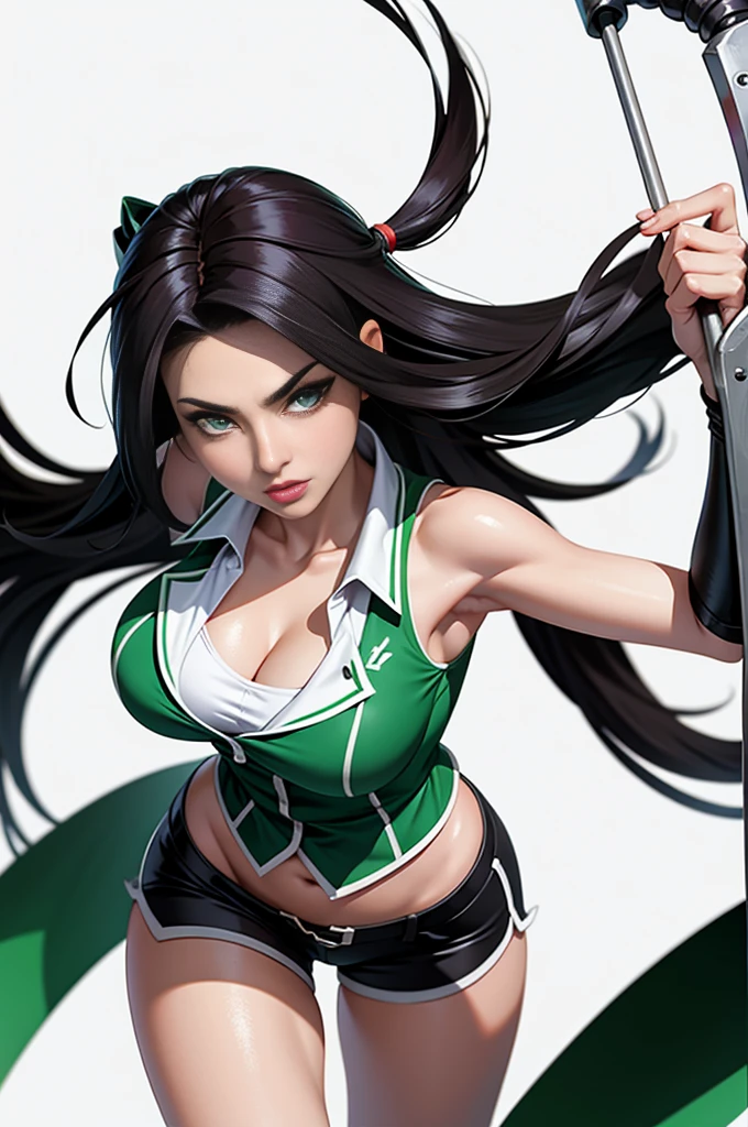league of legends, akali, ninja, kunai, tattoos, ponytail, green , c string, gloves, no fingers, sleeveless, , cleavage, red lipstick, black hair, red eyes, wide , thick thighs, muscles, abs, action pose, marvel comic style