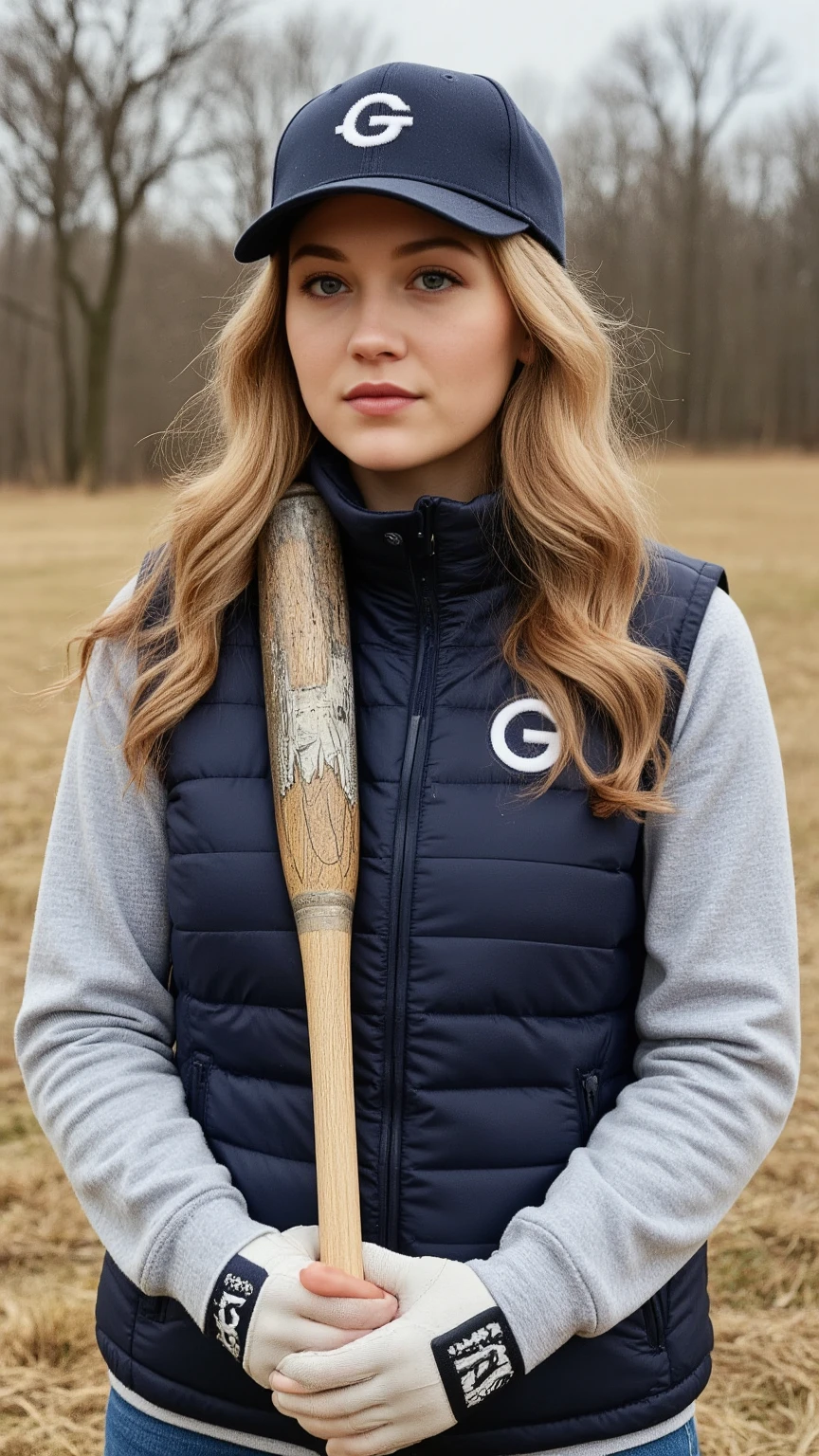 Uma jovem mulher.  The woman is standing , holding a baseball bat with both hands. Ela tem muito tempo, wavy blond hair and is wearing a navy blue baseball cap with a white "G" logo, a quilted navy blue vest over a light gray long-sleeved shirt, and batbola gloves. Her expression is focused and determined. The background consists of dry, brown grass and some indistinct, leafless trees, suggesting a late fall or early winter scenario. The photograph has natural gold tones , documentary style, emphasizing the realism and outdoor scenery.
