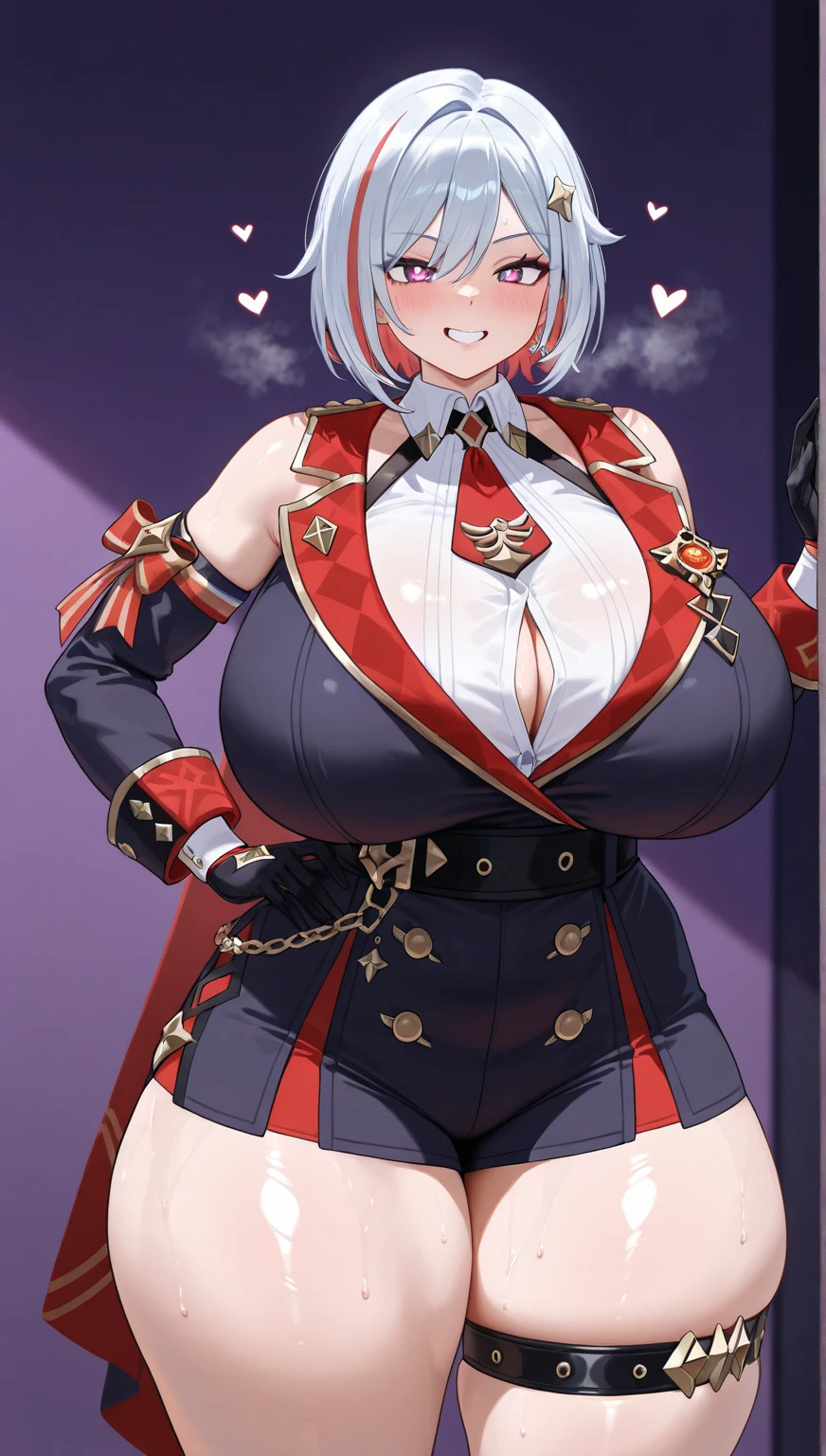 photon, space fantasy, ominous, arrangement costume, costumes designed to show off, evil empress, evil fallen costume,(leg armor),arm armor, topaz (honkai: star rail), highleg  costume, (high legs with sharp angles),open-chested costume,1girl, alone, adapted costume,  smile, wide , thick thighs, charming gesture, , shiny skin, whore, , glittering palace, masterpiece,highest image quality,highest quality,high resolution,high definition, take a stand, 