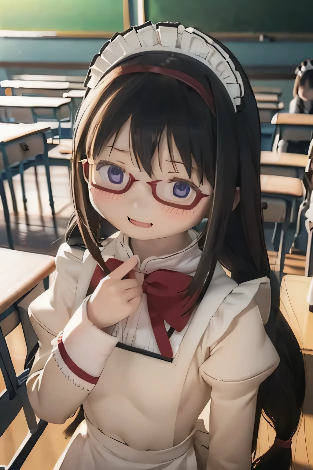 ( High Quality Wavy Lines, beautiful , masterpiece:1.2), ,{X} Perfect Face Pose , (( Homura Akemi's Hairstyle)), shut up, smile, intense , Black Haired Woman Magical Girl, Carrying coffee , ,, (((((school classroom))))),, , open lips ((( maid clothes )))full body、 feet