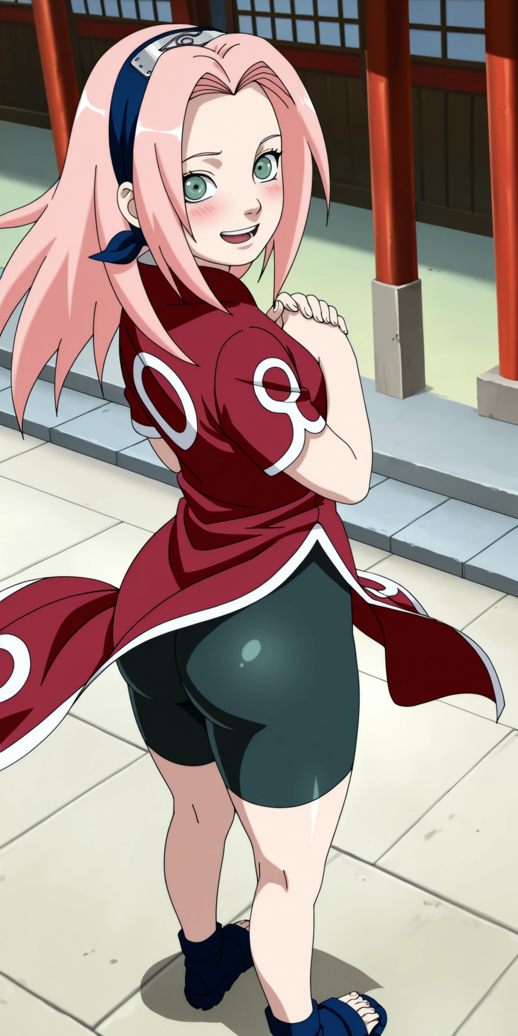 ultra_detailed, source_anime, anime screencap, fake screenshot, best quality, (small breasts:1.3), 1girl, solo, ((haruno sakura, pink hair, long hair, red shirt, red qipao dress, short sleeves, dark green bike shorts, dark green eyes)), masterpiece,best quality,amazing quality, blush, meaty, detailed, side view, dutch angle, wide hips, ninja village, outdoors, beautiful legs, legs, beautiful body, detailed face, detailed eyes, shiny thighs, from a suggestive sexy angle, dutch angle, high angle, motion lines, motion blur, speed lines, thick thighs, thick ass, female focus, glossy shorts, full body shot, cowboy shot, perfect ass, cute smile, longing gaze, standing, from above:2.5, shiny ass, glossy ass, legs apart, ass up, dress aside, elegant pose, looking to the side, embarrassed, hands clasped together, hands above chest, skirt fluttering in wind, hair fluttering in wind, looking at viewer, :d