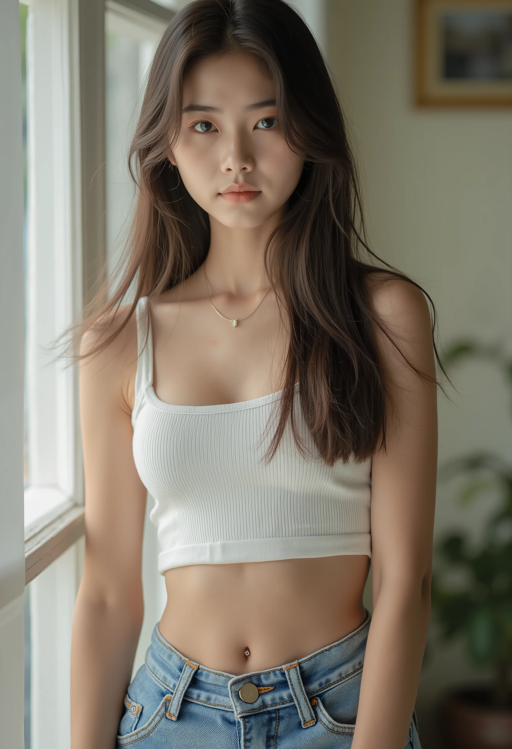 luz natural,cores discretas,deep depth of field, classic portrait style , beautiful girl wearing cropped top and ripped jeans