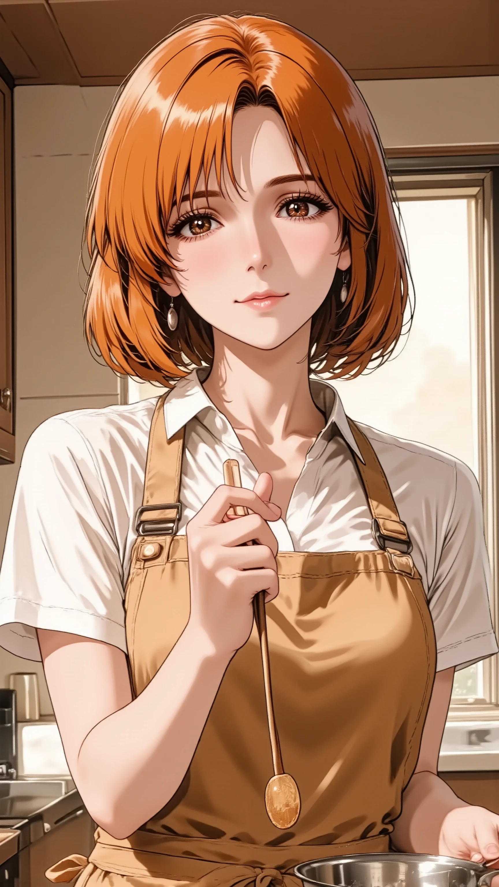 A charming married woman in her 30s, with warm auburn hair cut in a chic medium bob. She has natural makeup and a slight, content smile. She has natural and correct anatomy, perfectly rendered hands with five fingers, and well-proportioned limbs. She is wearing a comfortable apron over a simple blouse, standing in her kitchen. She is holding a wooden spoon, having just tasted the food from a pot, and looks directly at the viewer with a warm, satisfied gaze that shows mature charm. Shot at eye-level, thigh-up portrait.
