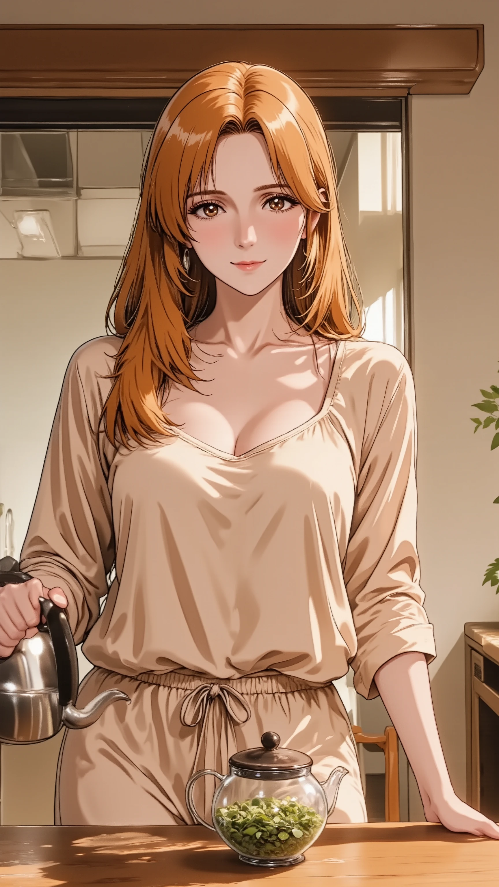 A serene married woman in her 30s, with long, honey-blonde hair flowing softly over her shoulders. She has natural makeup and a calm, gentle smile. She has natural and correct anatomy, perfectly rendered hands with five fingers, and well-proportioned limbs. She is wearing a soft, elegant loungewear set (like a silk-blend top and pants). She stands at a wooden dining table, pouring hot water from a kettle into a glass teapot with herbs. She looks directly at the viewer with a peaceful, mature charm. Shot at eye-level, thigh-up portrait.