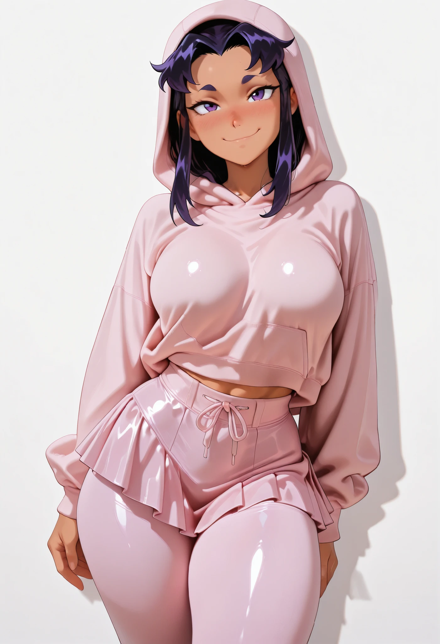 masterpiece, better quality,
one girl, Alone, blackfire_(/Teen Titans in Action)/, tanned skin,, very detailed skin Blush,, smile, looking at viewer, nose blush, shiny legs, shiny body, shiny hair, clear skin, clear body,, thick thigh,,, thick thighs,, female,,, looking at viewer,,,,,, LARGE BREASTS,, standing,, STANDING UPRIGHT, COWBOY SHOT, SOLO, looking at viewer, shiny skin, shiny hair, shiny body, clear body, nose blush, BREAST FOCUS, POSING,, DYNAMIC POSE, NICE LEGS, COWBOY SHOT, cowboy shot, NOSE BLUSH,. , white background, dynamic pose,, opaque clothes, ,,, white background, dynamic pose,, , COWBOY SHOT, nice legs,, thick thigh, dynamic pose, pink hoodie, pants under skirt, pink skirt, pink pants