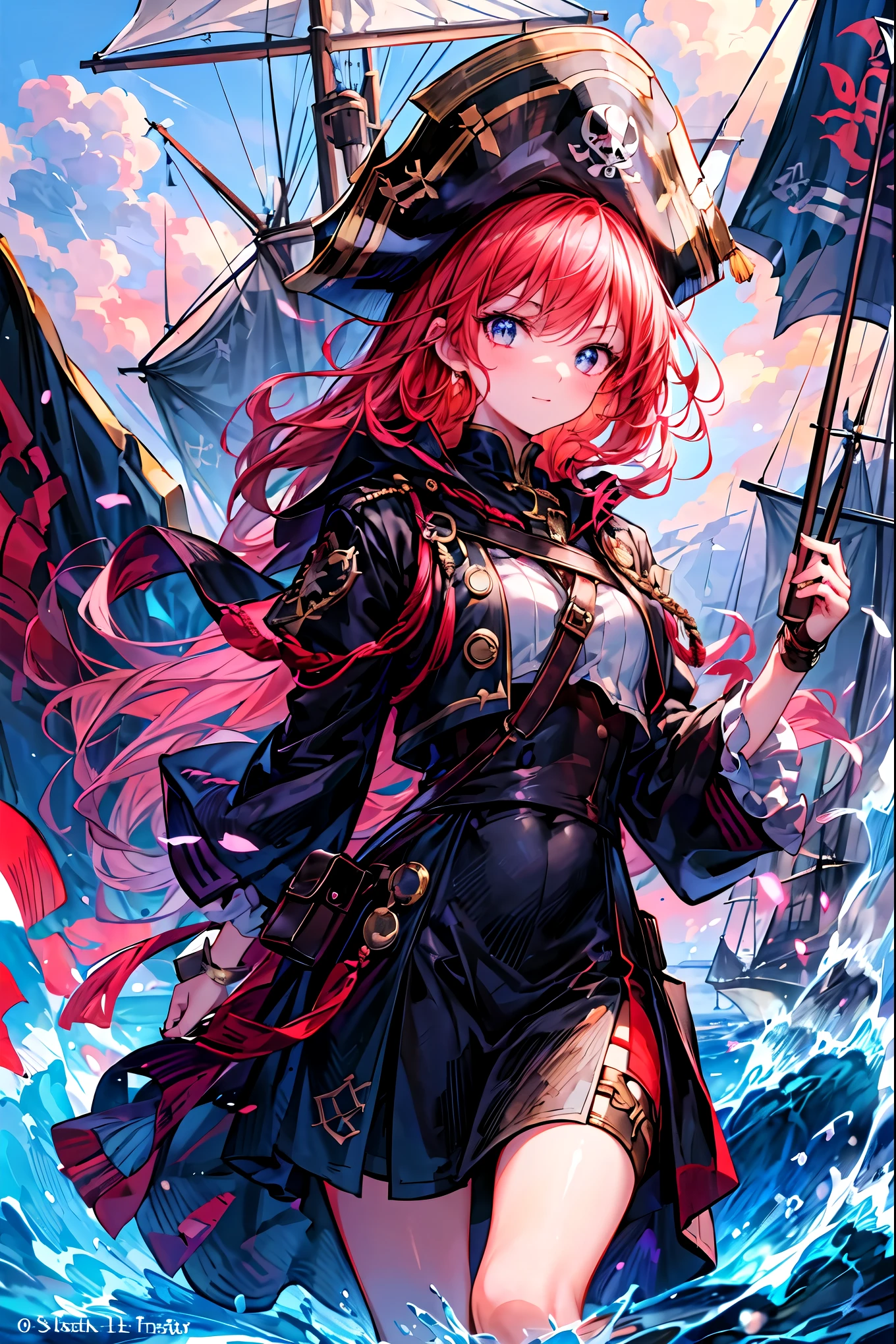 Brilliant Colors,beautiful eyes,A delicate smile,Textured Skin,masterpiece,Kilo,Highest Quality,gentle and beautiful woman,Pirate Fleet，無数のsailが旗めく，sail，The Enchanted Pirate,A powerful pirate ship,A magnificent ship's hull,A rolling ocean,A vibrant scarlet flag,A pirate captain full of adventurous spirit,night，Break (masterpiece:1.2), 最High Quality, high resolution, Unity 8k Wallpaper, (shape:0.8), (Beautiful attention to detail:1.6),  Highly detailed faces, perfect lighting, very detailed CG, (perfect hands, perfect anatomy),St. Elmo's Fire，meteor、空から降り注ぐmeteor、無数のmeteor群，The Ship Wrapped in the Hand of Fire，A gaze with thick eyelashes,A look like a noble thief,The captain's solemn posture,Extreme detail,Realistic,professional,Incredibly detailed,masterpiece,4K,High Quality,ultimate reality,Dramatic Lighting,dynamic composition,Overwhelming Realism,Dark tones and highly saturated accents,A lively marine painting