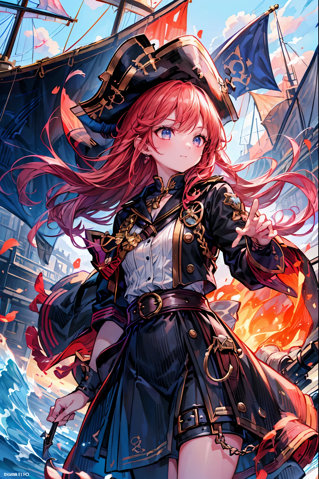 Brilliant Colors,beautiful eyes,A delicate smile,Textured Skin,masterpiece,Kilo,Highest Quality,gentle and beautiful woman,Pirate Fleet，無数のsailが旗めく，sail，The Enchanted Pirate,A powerful pirate ship,A magnificent ship's hull,A rolling ocean,A vibrant scarlet flag,A pirate captain full of adventurous spirit,night，Break (masterpiece:1.2), 最High Quality, high resolution, Unity 8k Wallpaper, (shape:0.8), (Beautiful attention to detail:1.6),  Highly detailed faces, perfect lighting, very detailed CG, (perfect hands, perfect anatomy),St. Elmo's Fire，meteor、空から降り注ぐmeteor、無数のmeteor群，The Ship Wrapped in the Hand of Fire，A gaze with thick eyelashes,A look like a noble thief,The captain's solemn posture,Extreme detail,Realistic,professional,Incredibly detailed,masterpiece,4K,High Quality,ultimate reality,Dramatic Lighting,dynamic composition,Overwhelming Realism,Dark tones and highly saturated accents,A lively marine painting